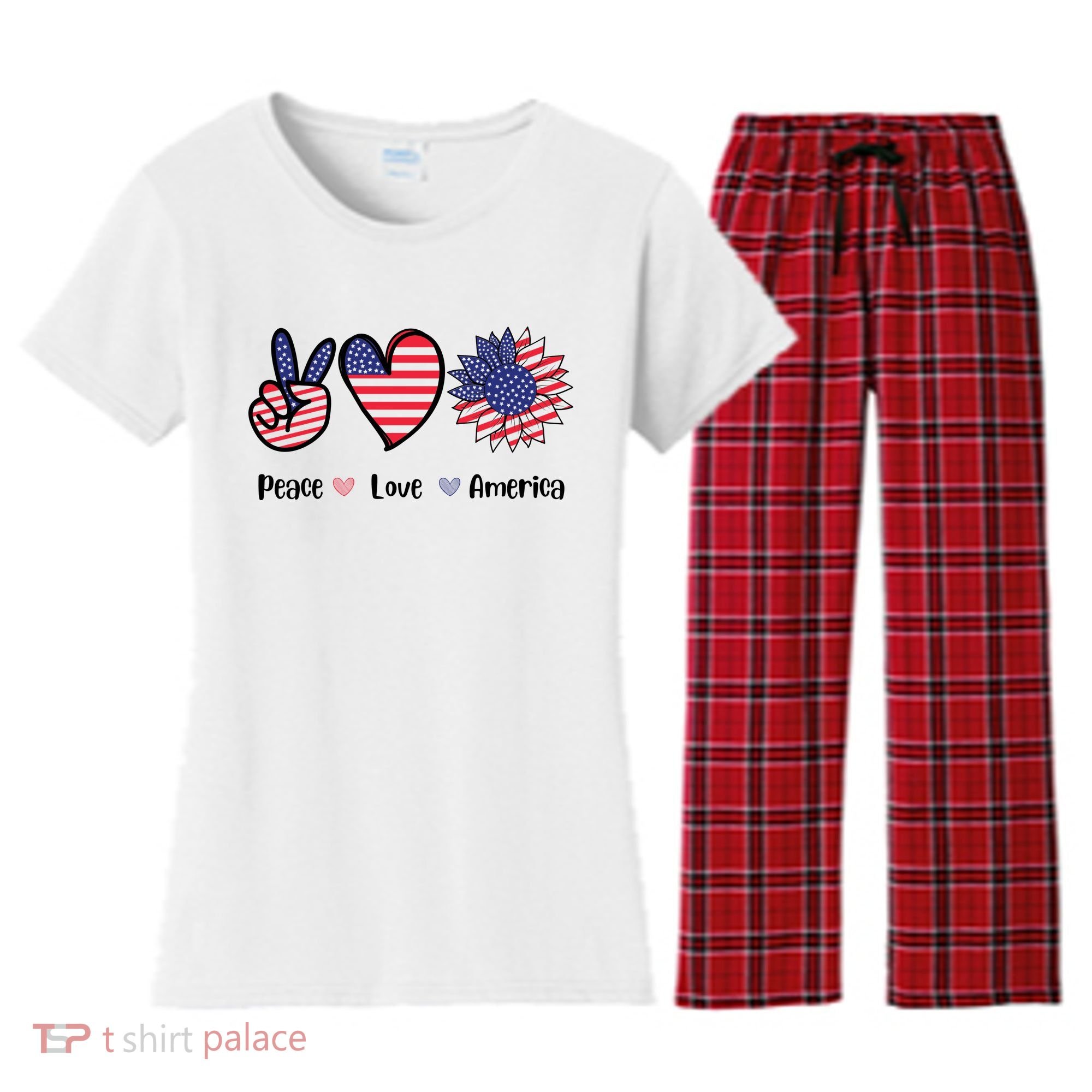 Peace Love America Cute Holiday Women's Flannel Pajama Set