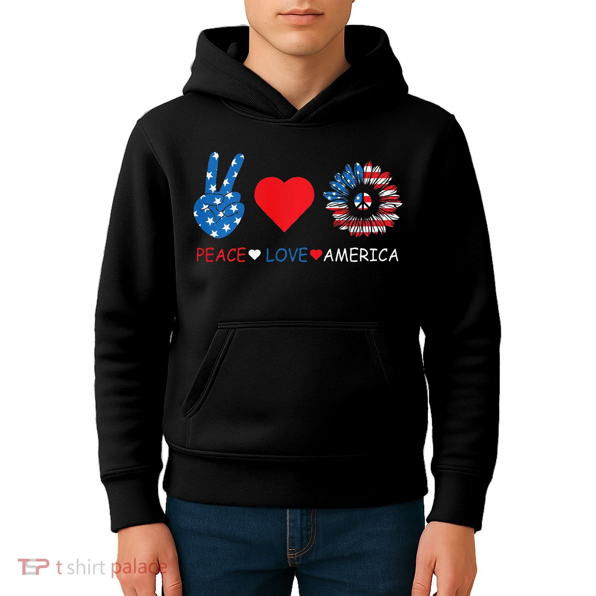 Peace Love America July 4th Kids Hoodie