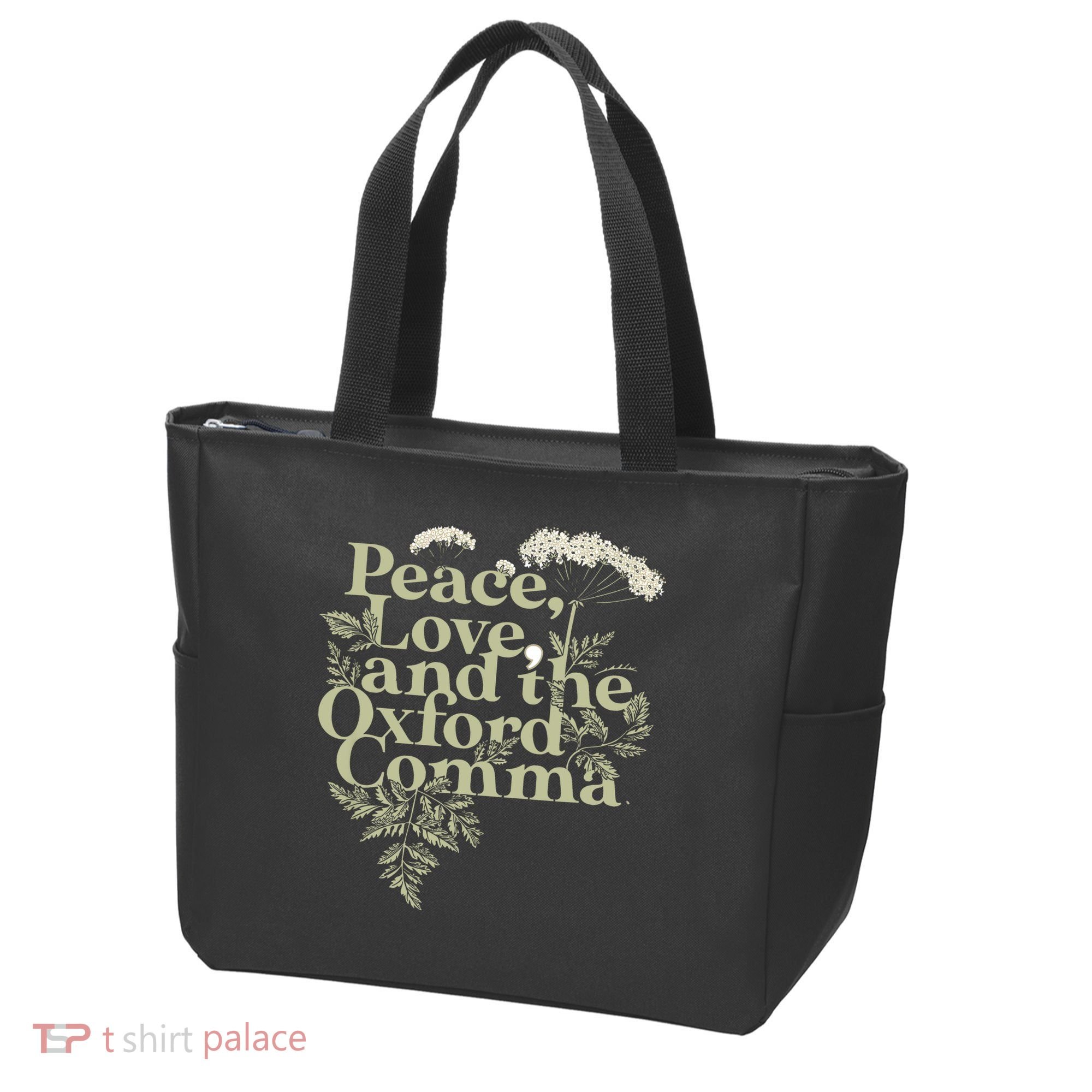 Peace Love And The OxFord English Comma Grammar Humor Tote Bag