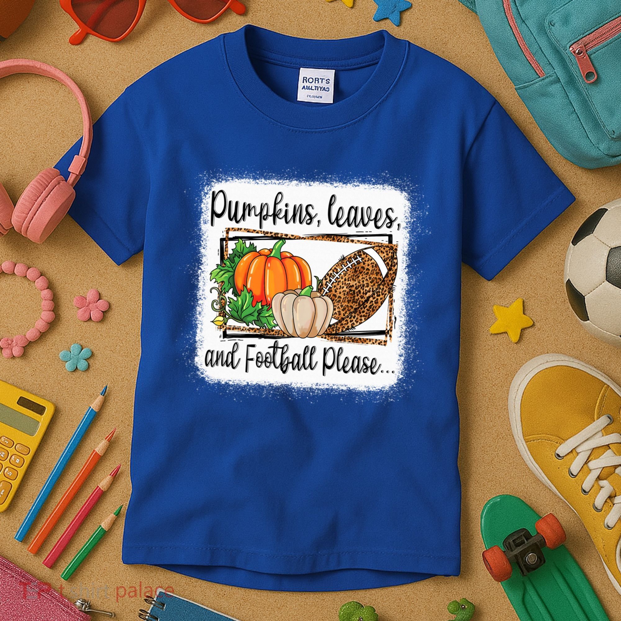 Pumpkin Leaves And Football Please Leopard Fall Vibes Gift Kids T-Shirt