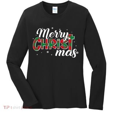 Plaid Merry Christmas Christ Women's Long Sleeve Shirt