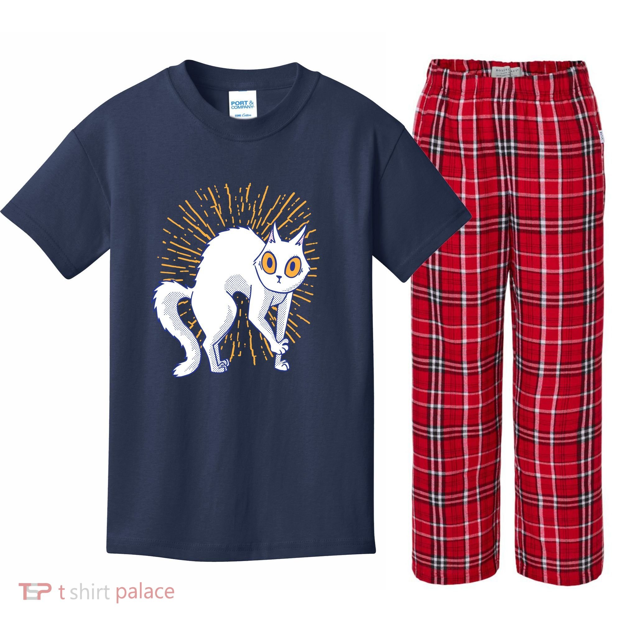 Playful Cat Kids Plaid Pajama Set