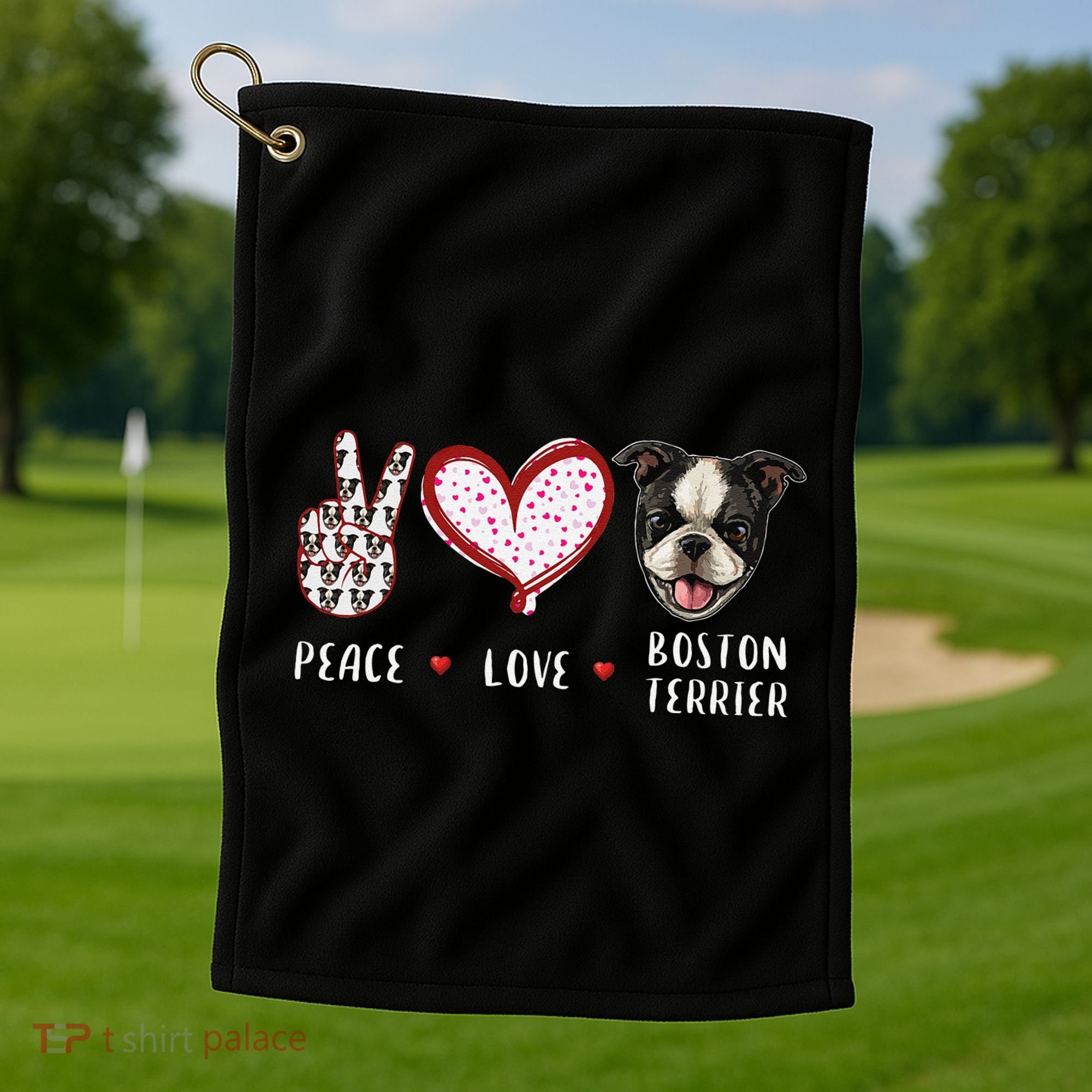 Peace Love Boston Terrier Dog Gifts Golf Towel