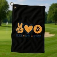 Peace Love Bitcoin Crypto Cryptocurrency Hippie Golf Towel thumb 1