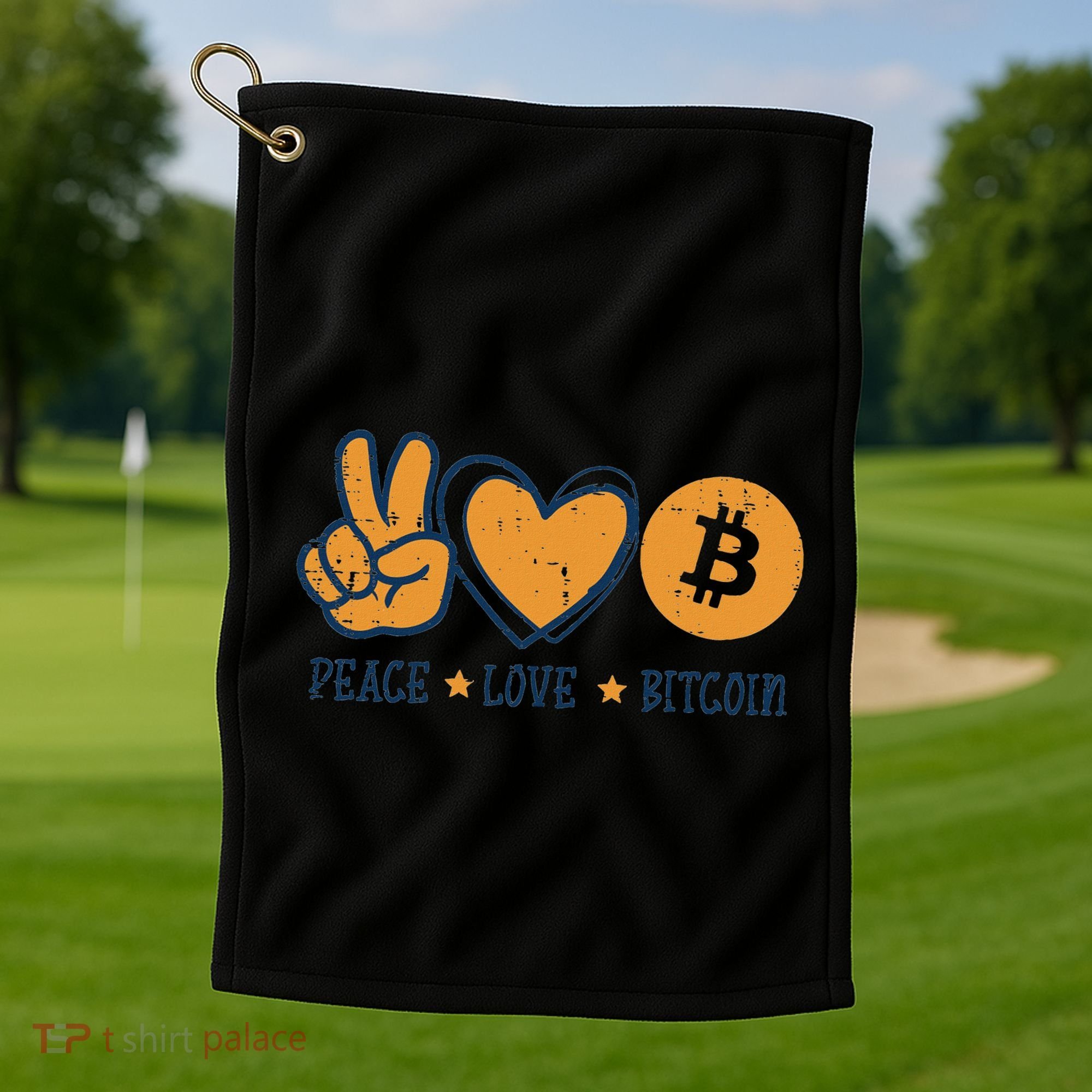 Peace Love Bitcoin Crypto Cryptocurrency Hippie Golf Towel