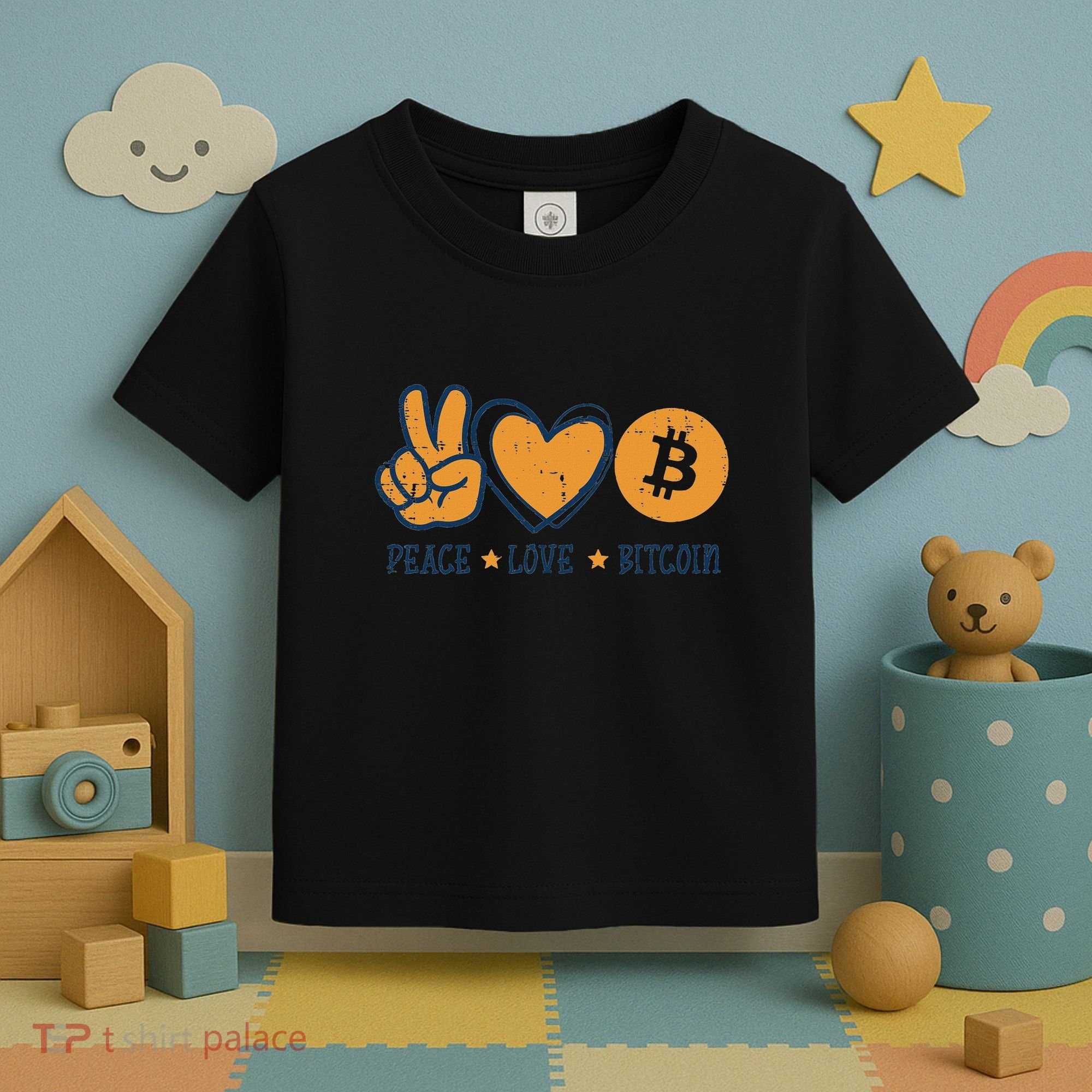 Peace Love Bitcoin Crypto Cryptocurrency Hippie Toddler T-Shirt