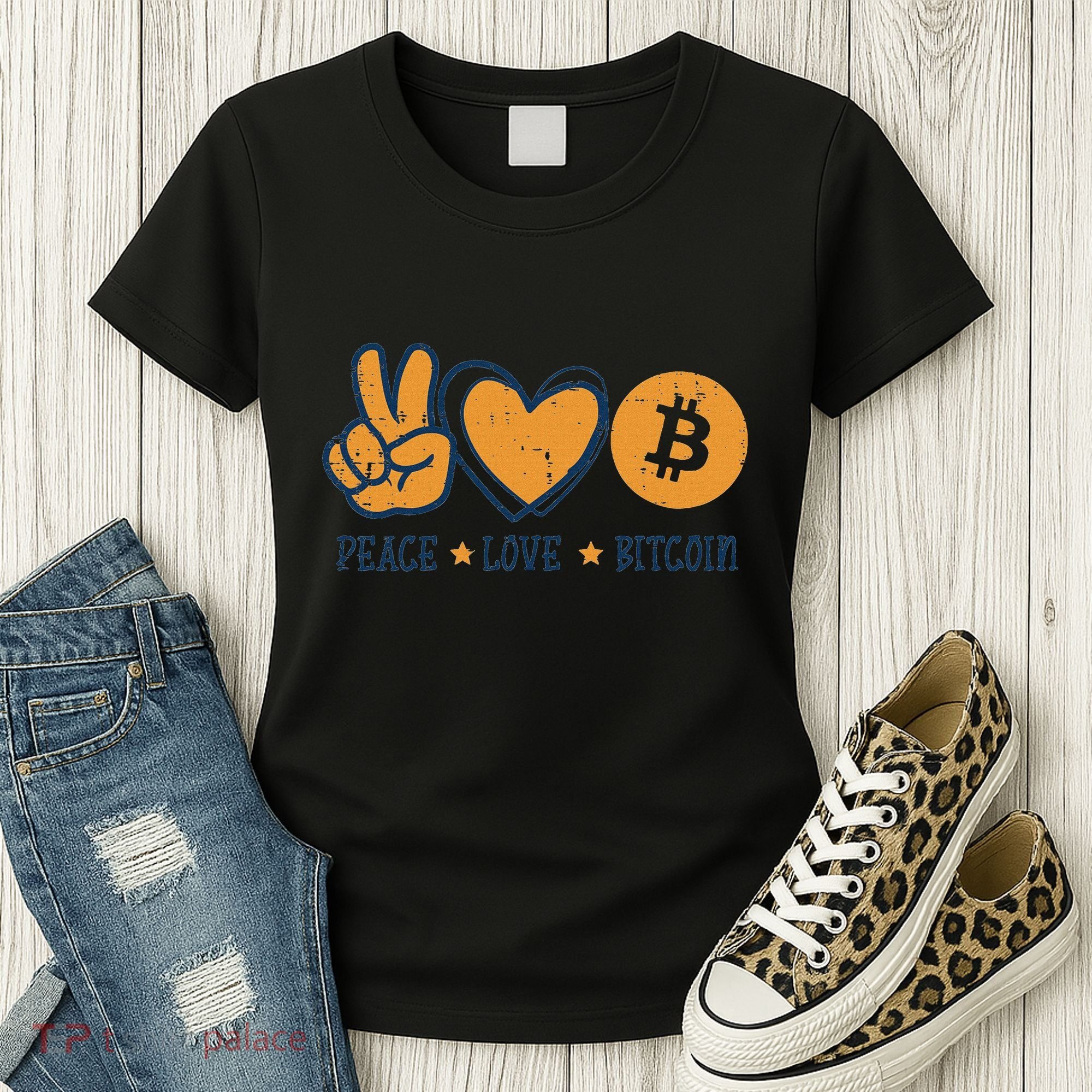 Peace Love Bitcoin Crypto Cryptocurrency Hippie Women's T-Shirt