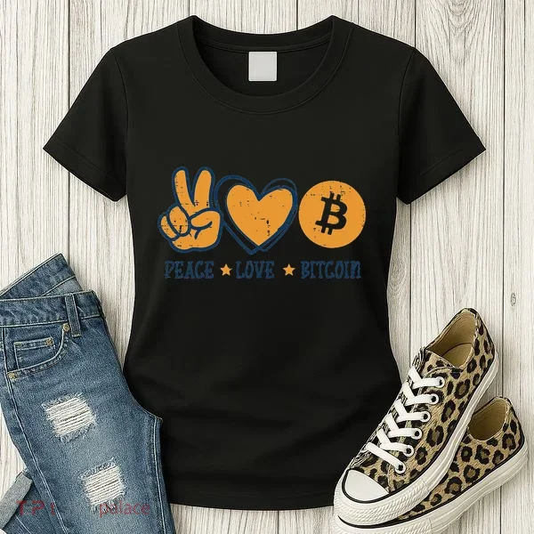 Peace Love Bitcoin Crypto Cryptocurrency Hippie Women's T-Shirt