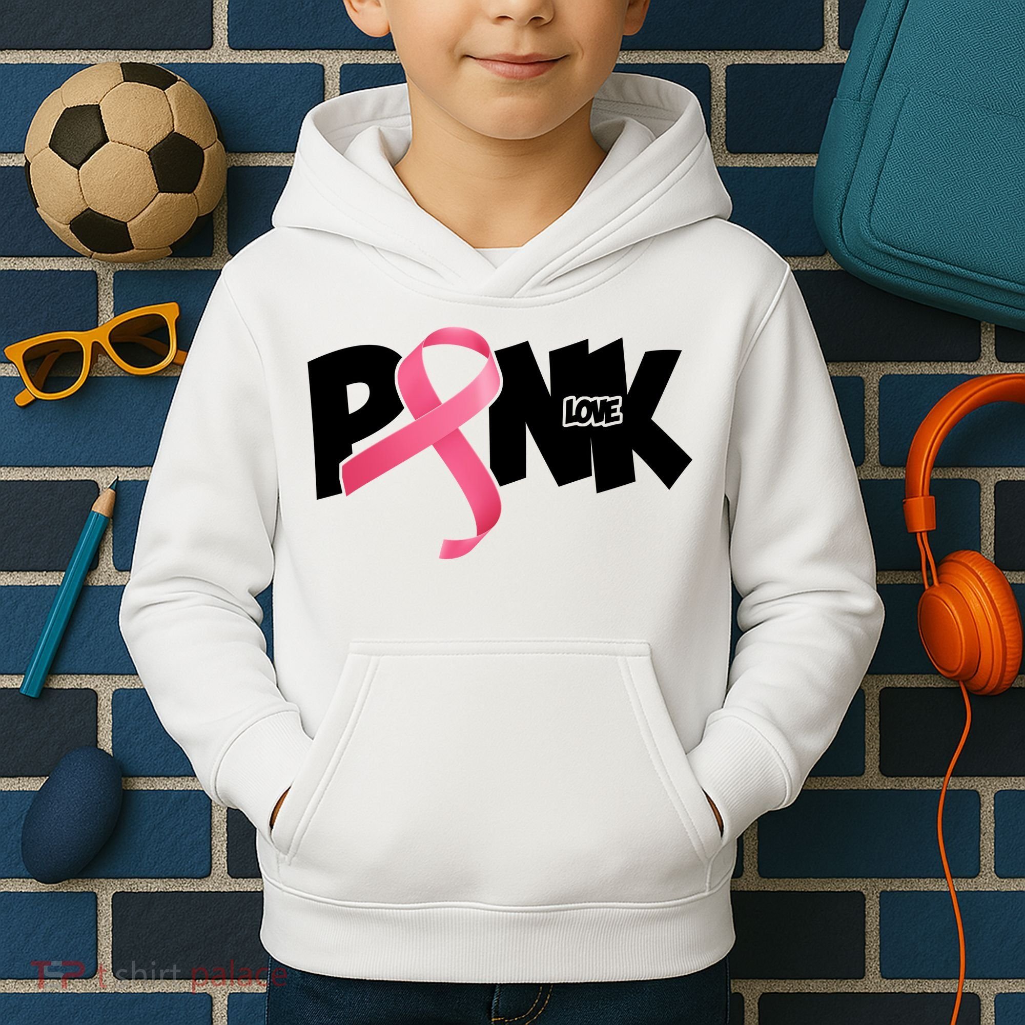 Pink Love Breast Cancer Ribbon Kids Hoodie