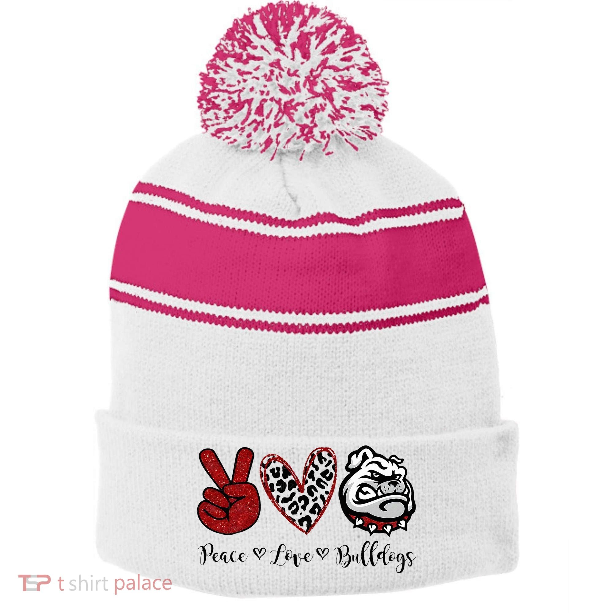 Peace Love Bulldogs Stripe Pom Pom Beanie