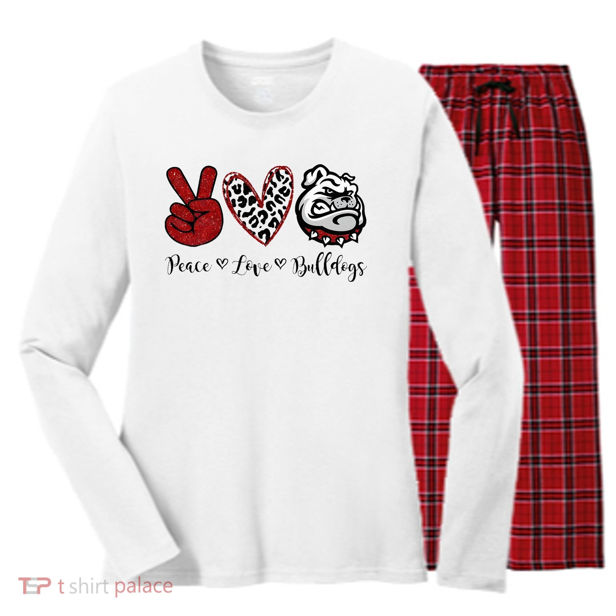Peace Love Bulldogs Women's Long Sleeve Flannel Pajama Set 