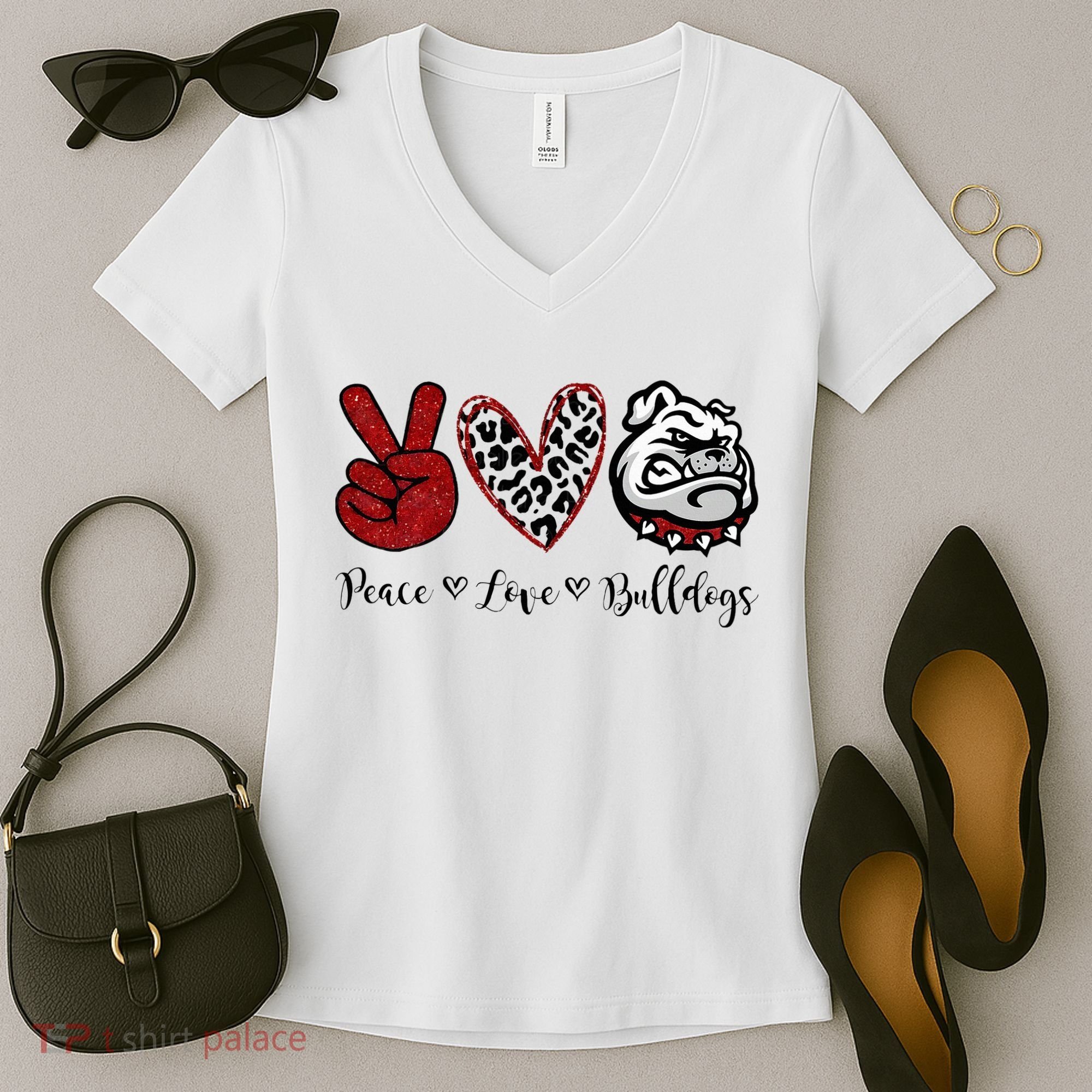 Peace Love Bulldogs Women's V-Neck T-Shirt