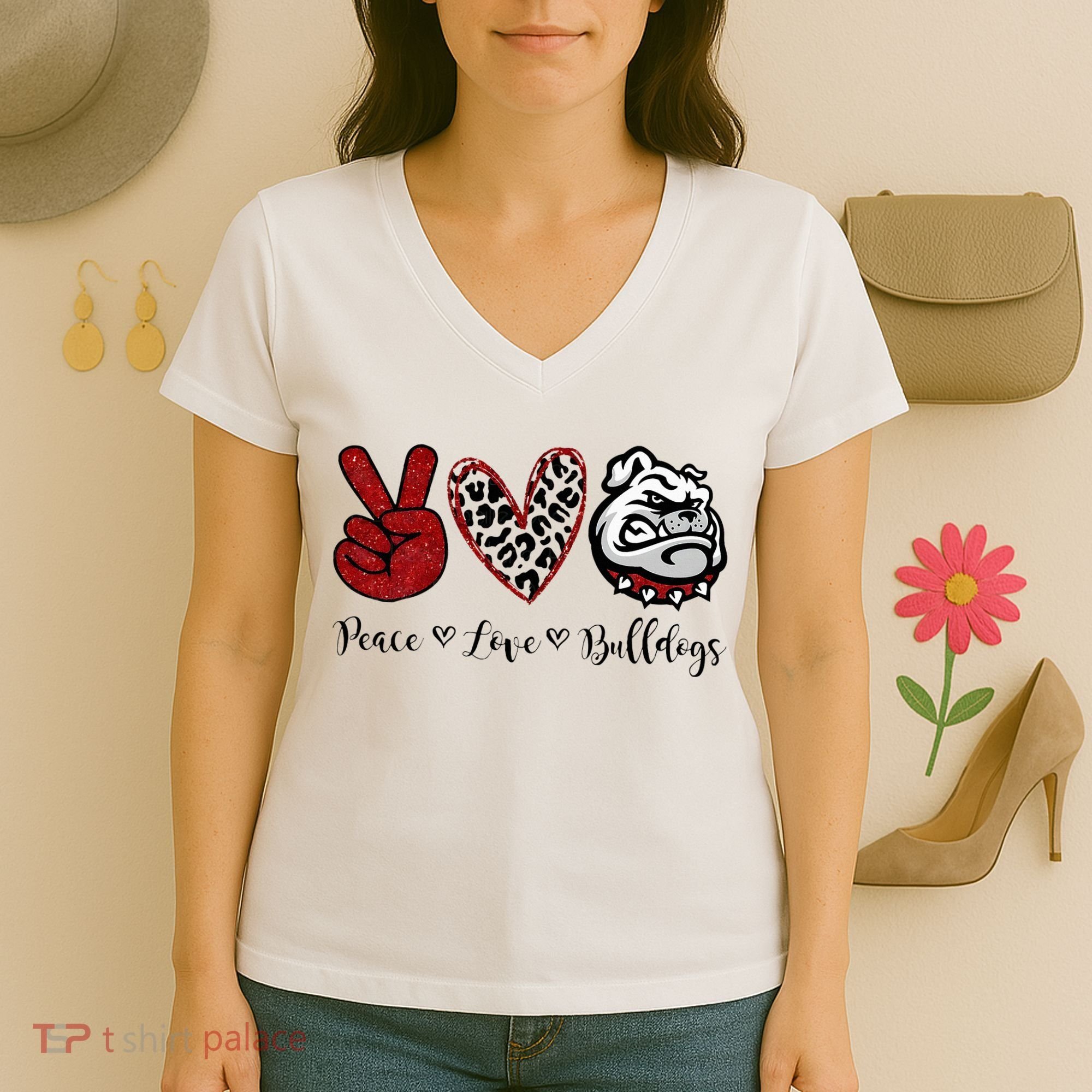 Peace Love Bulldogs Women's V-Neck T-Shirt