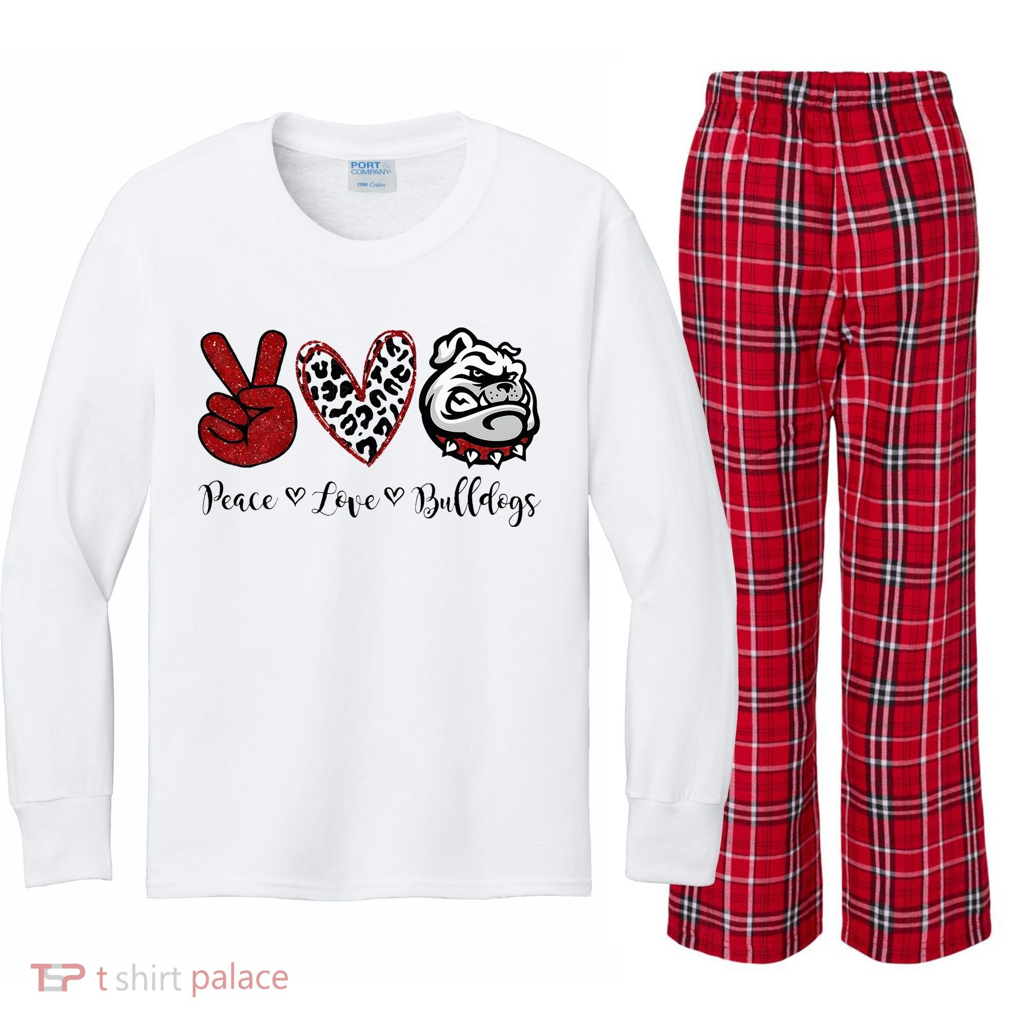 Peace Love Bulldogs Kids Long Sleeve Plaid Pajama Set
