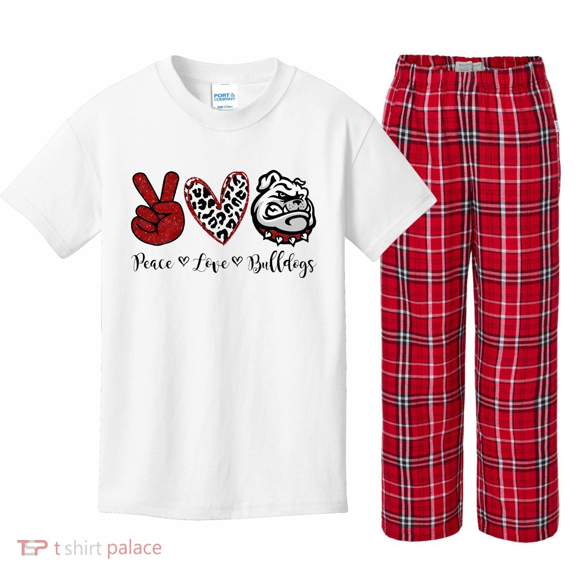 Peace Love Bulldogs Kids Plaid Pajama Set