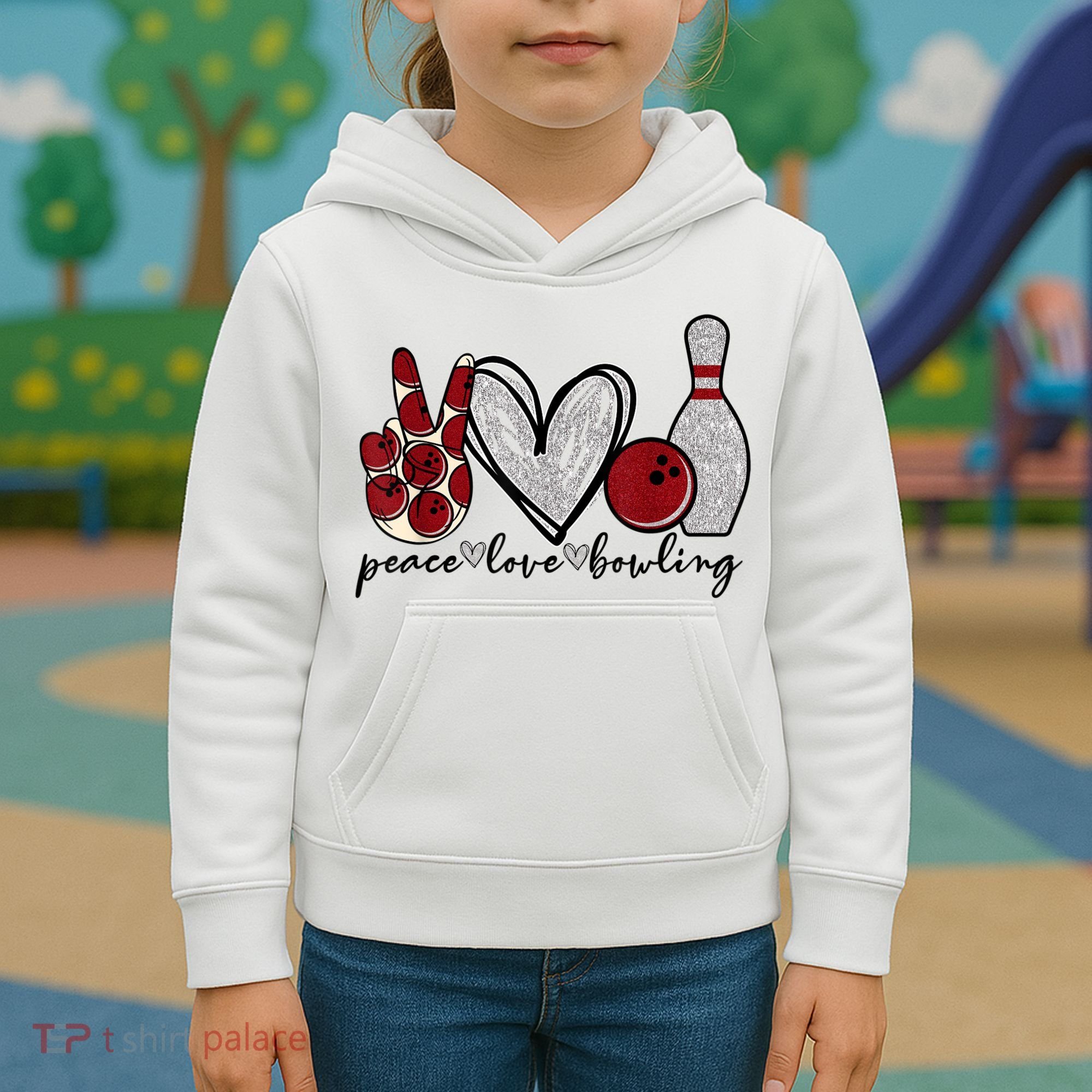Peace Love Bowling Funny Bowling Lover Kids Hoodie