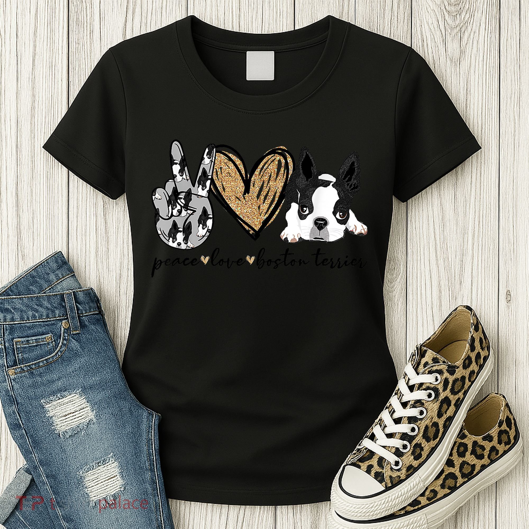 Peace Love Boston Terrier Funny Boston Terrier Lover Dog Mom Women's T-Shirt