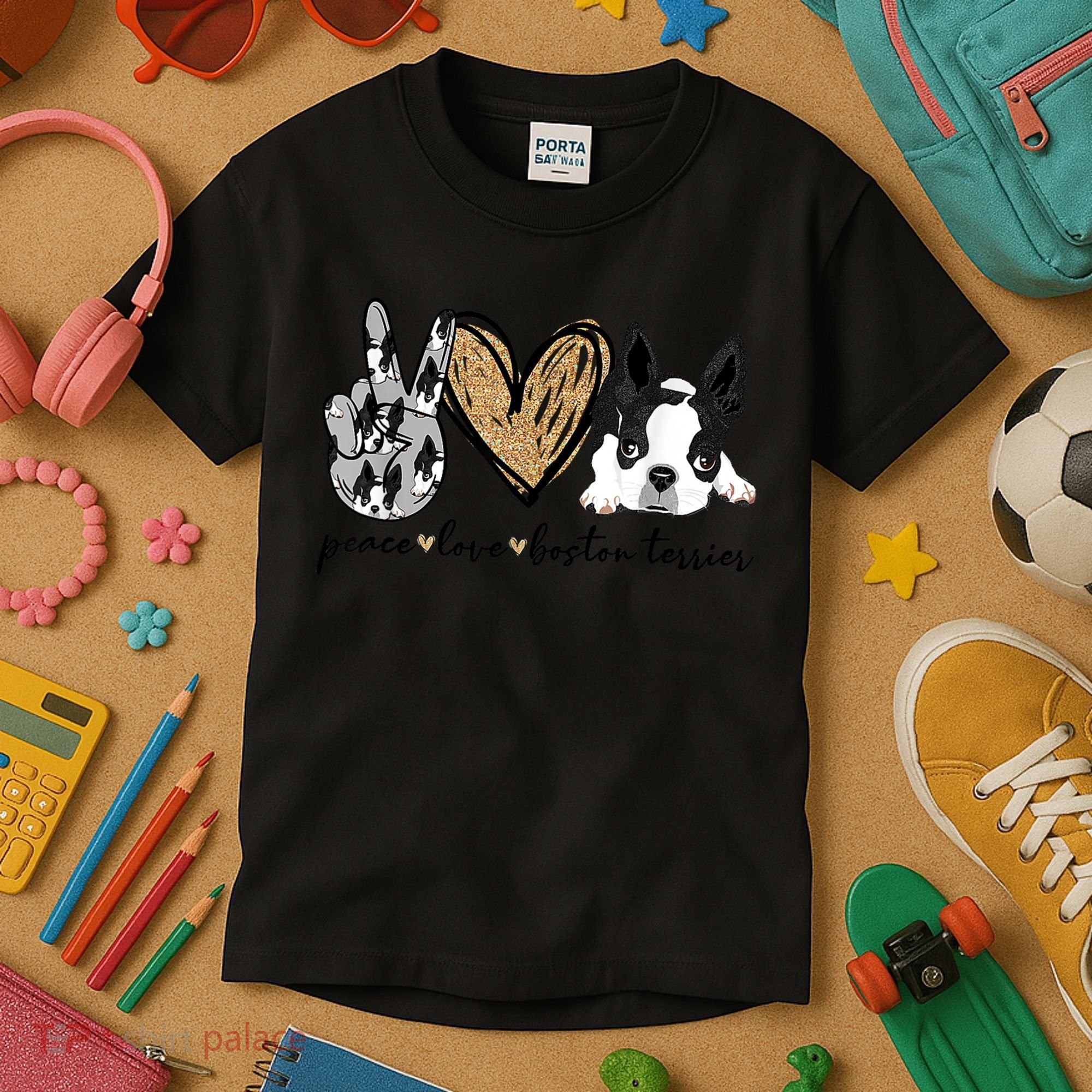 Peace Love Boston Terrier Funny Boston Terrier Lover Dog Mom Kids T-Shirt