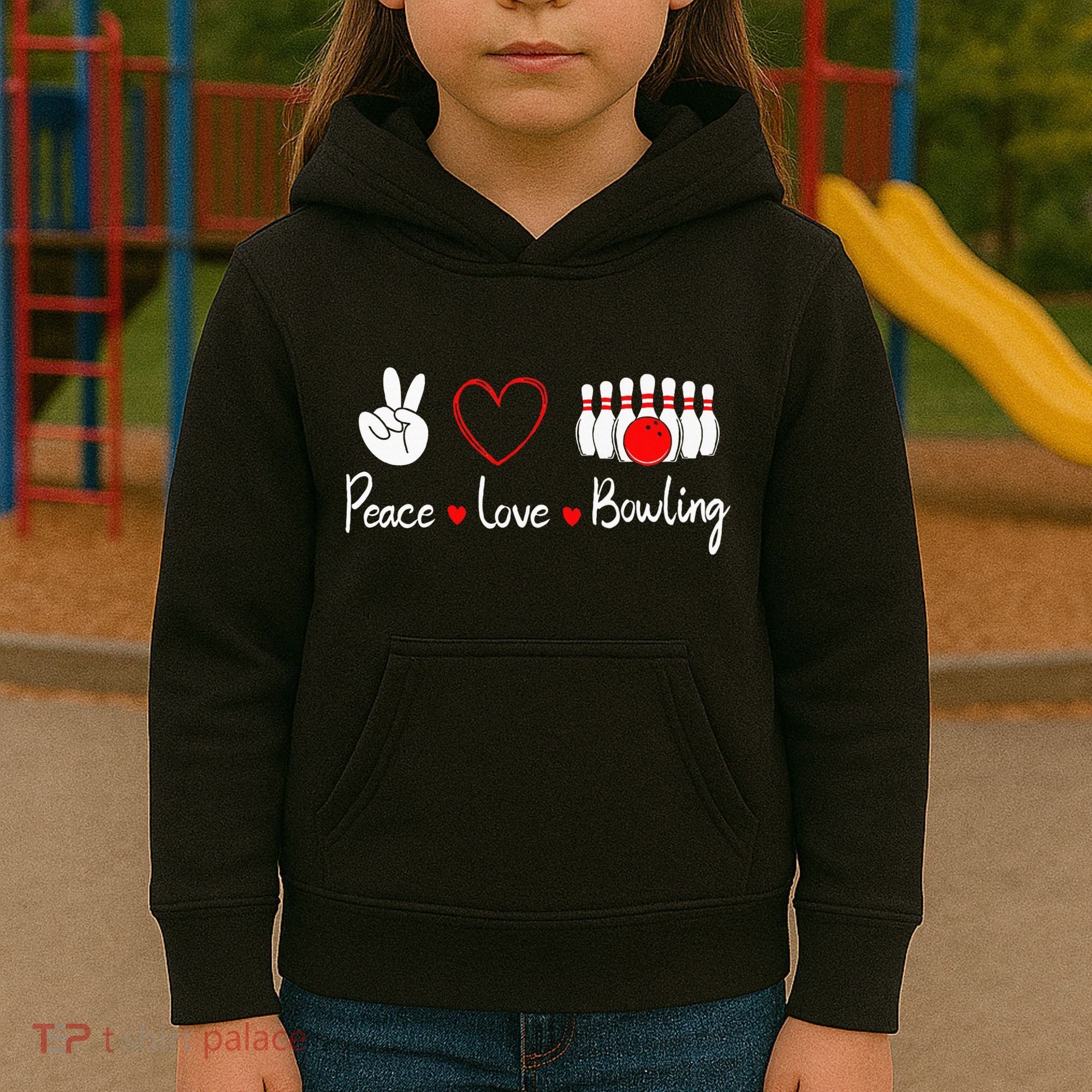Peace Love Bowling Cute Bowling Lover Kids Hoodie