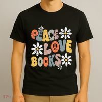 Peace Love Books Groovy Bookworm Book Nerd Reading Teacher T-Shirt thumb 3