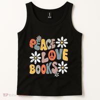 Peace Love Books Groovy Bookworm Book Nerd Reading Teacher Tank Top thumb 2