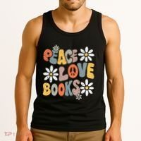Peace Love Books Groovy Bookworm Book Nerd Reading Teacher Tank Top thumb 3