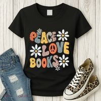 Peace Love Books Groovy Bookworm Book Nerd Reading Teacher Women's T-Shirt thumb 3