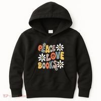 Peace Love Books Groovy Bookworm Book Nerd Reading Teacher Kids Hoodie thumb 0