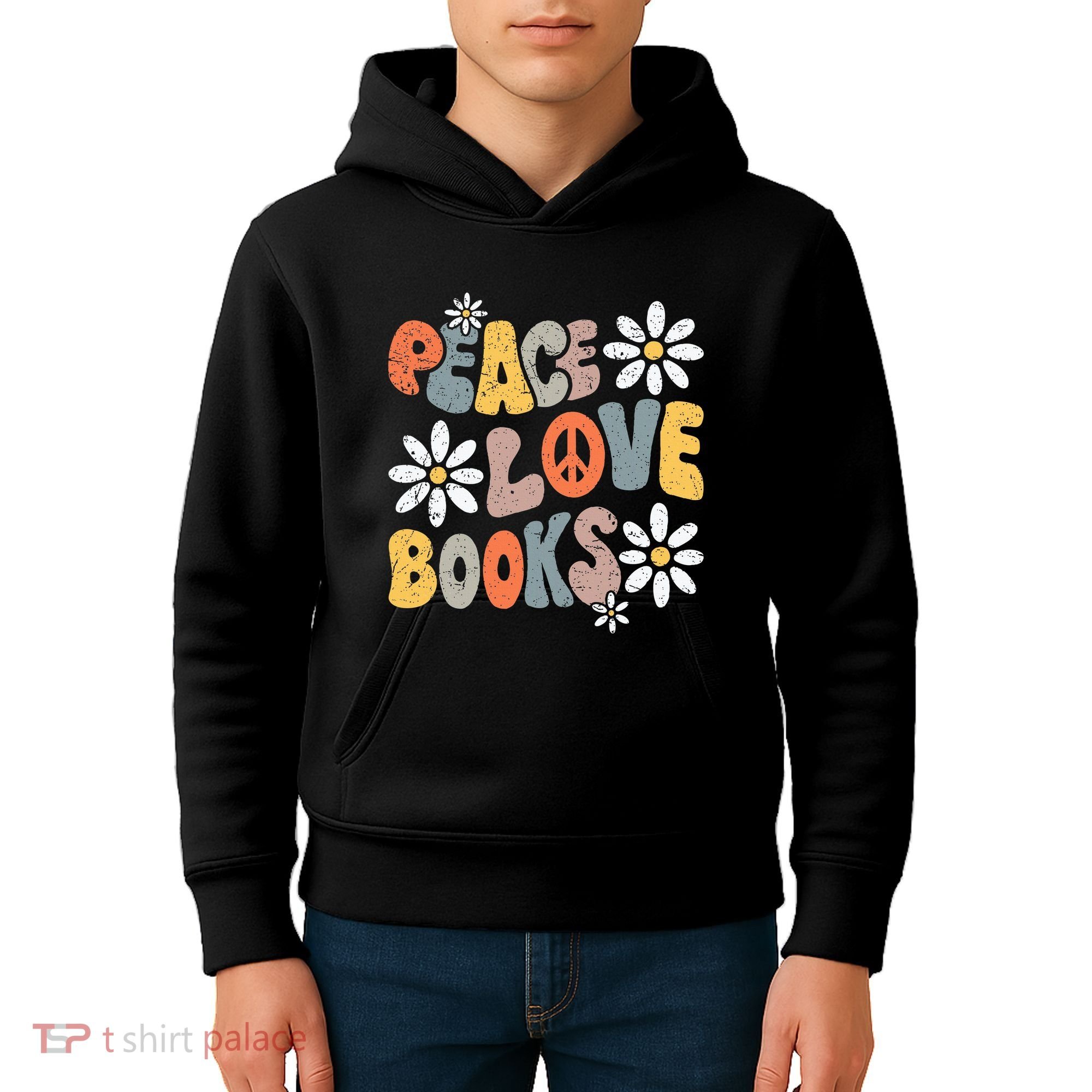 Peace Love Books Groovy Bookworm Book Nerd Reading Teacher Kids Hoodie