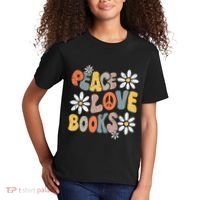 Peace Love Books Groovy Bookworm Book Nerd Reading Teacher Kids T-Shirt thumb 2