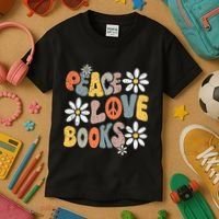 Peace Love Books Groovy Bookworm Book Nerd Reading Teacher Kids T-Shirt thumb 3