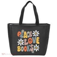 Peace Love Books Groovy Bookworm Book Nerd Reading Teacher Tote Bag thumb 0