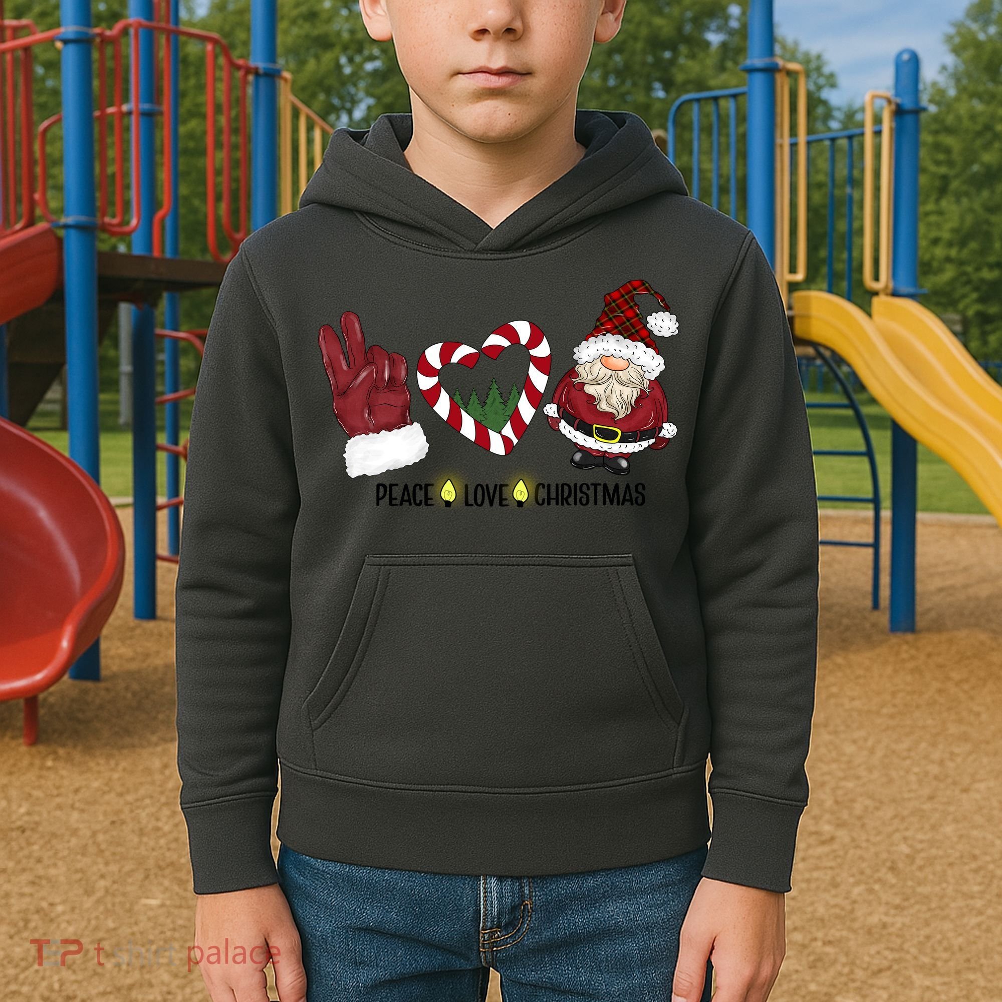 Peace Love Christmas Gnome Sublimation Funny Xmas Gift Kids Hoodie