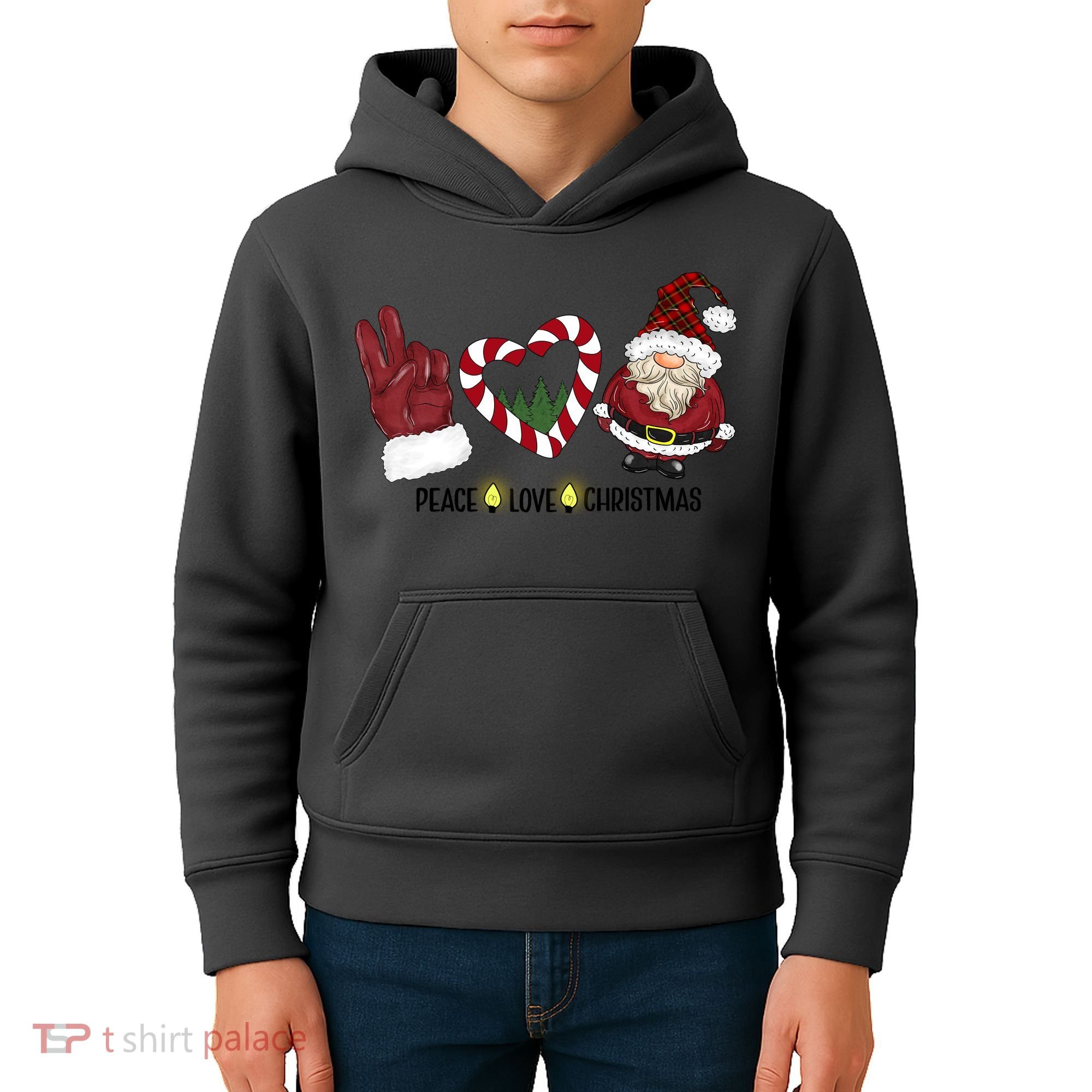 Peace Love Christmas Gnome Sublimation Funny Xmas Gift Kids Hoodie