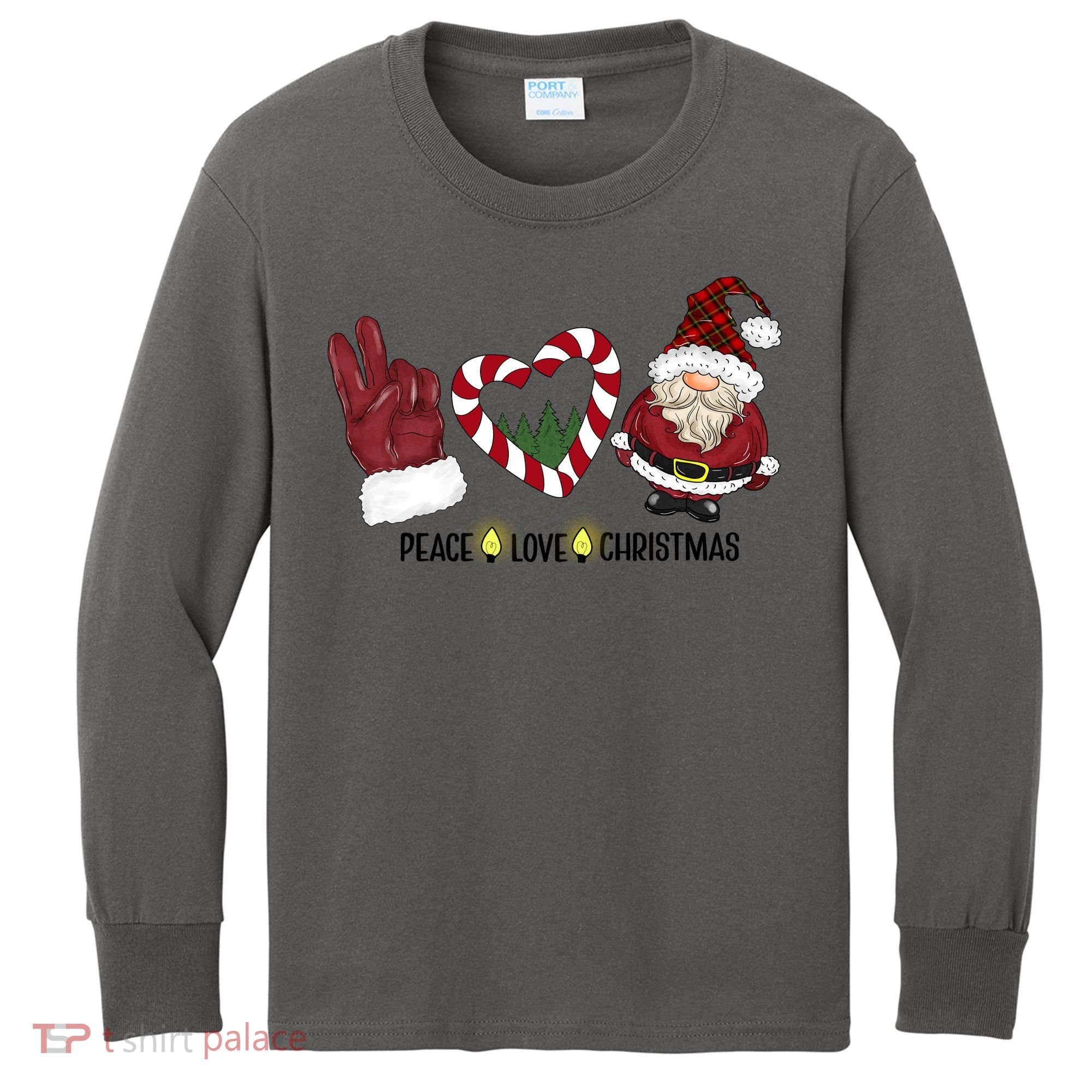 Peace Love Christmas Gnome Sublimation Funny Xmas Gift Kids Long Sleeve Shirt