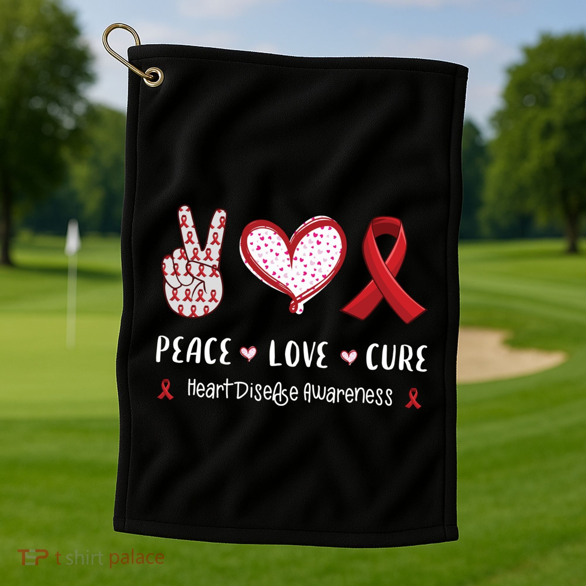 Peace Love Cure Heart Disease Awareness Chd Gift Golf Towel