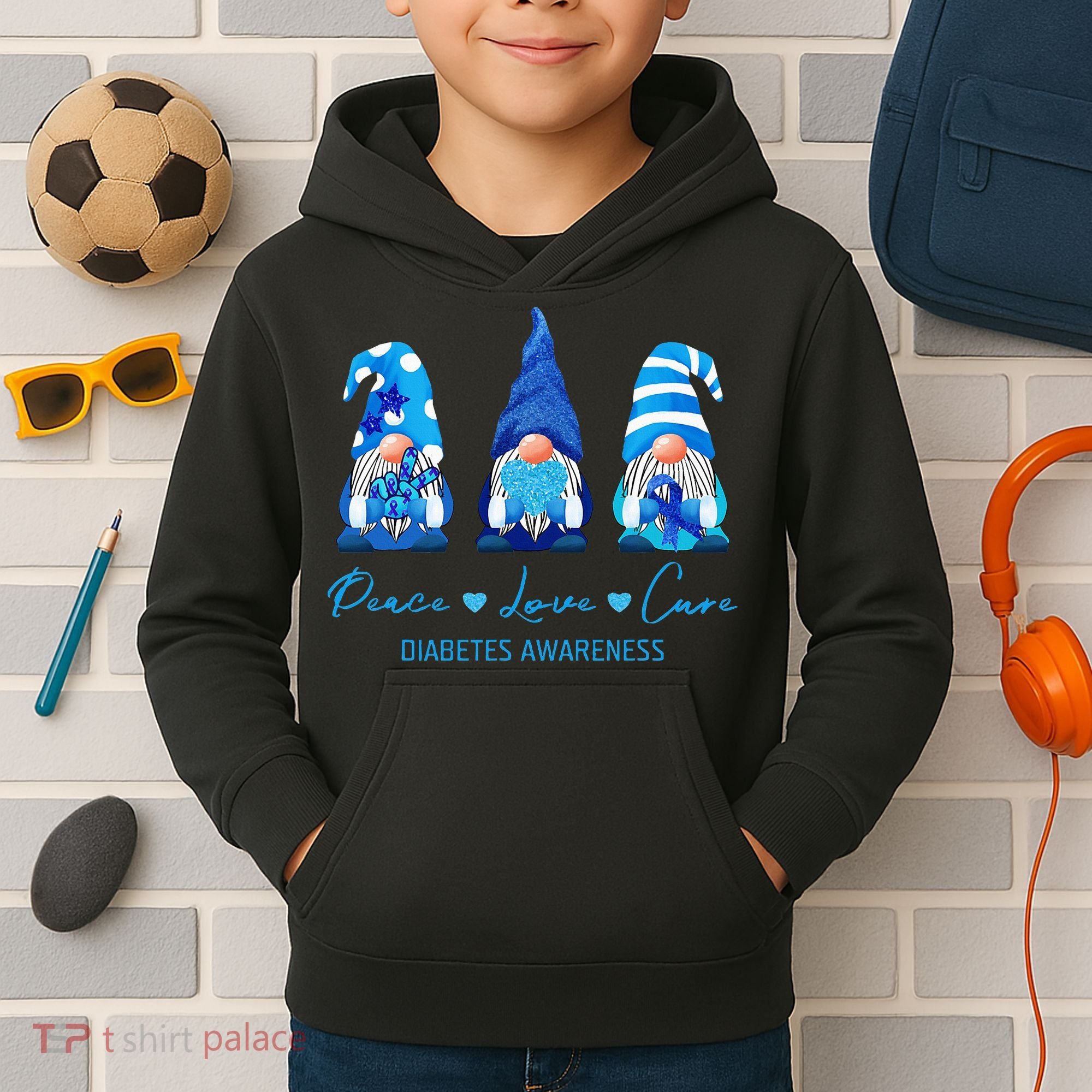 Peace Love Cure Gnome Diabetes Awareness Survivors Gifts Kids Hoodie
