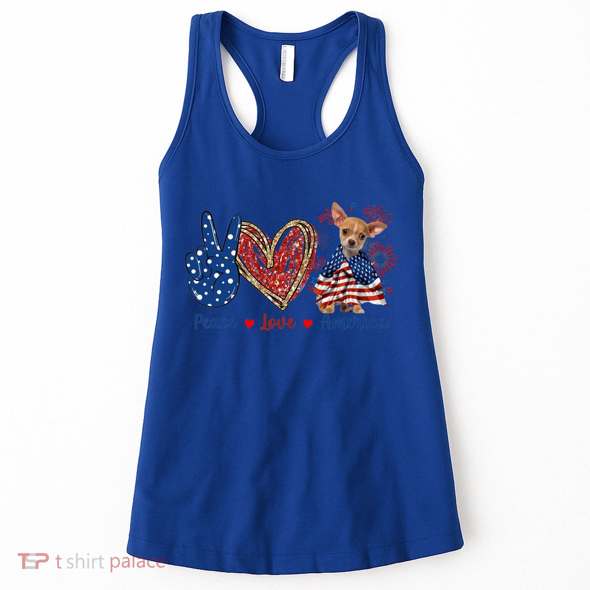 Peace Love Chihuahua Dog Patriotic America Flag 4th July Cute Gift Women's Tank Top
