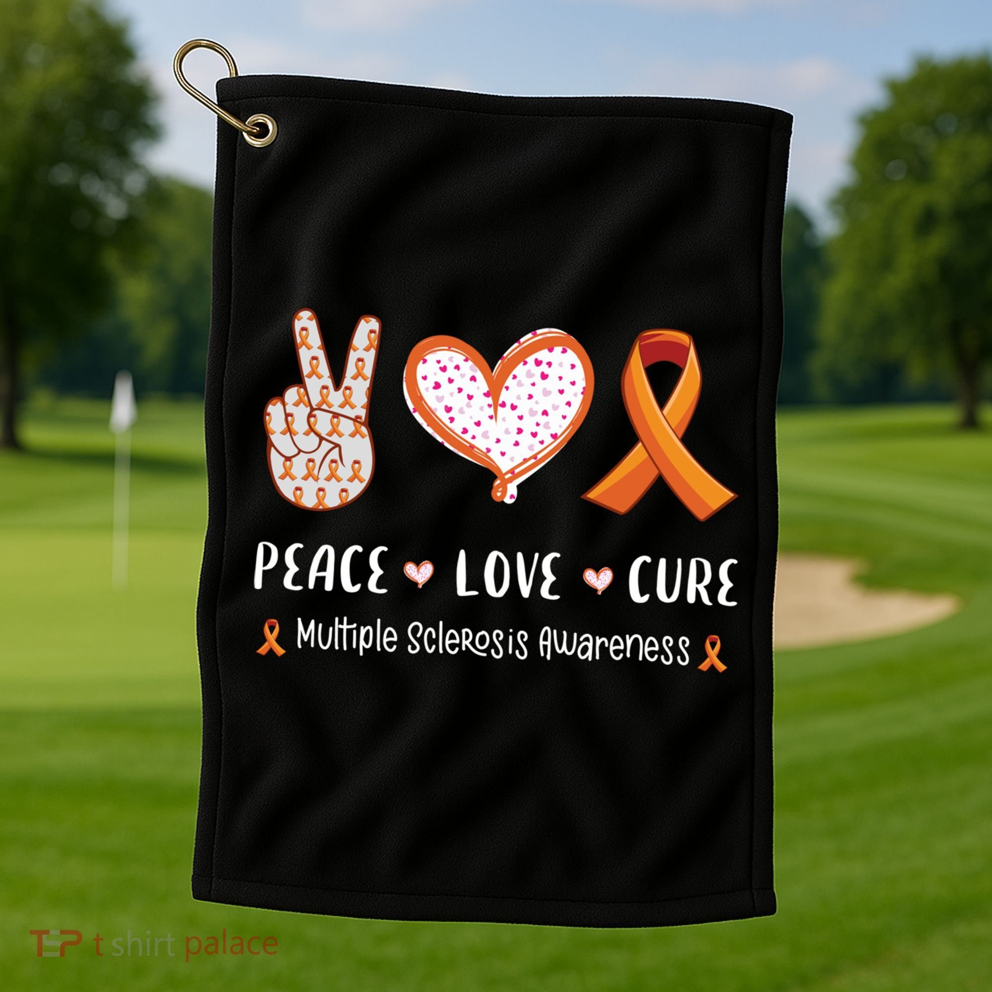 Peace Love Cure Multiple Sclerosis Awareness Gift Golf Towel
