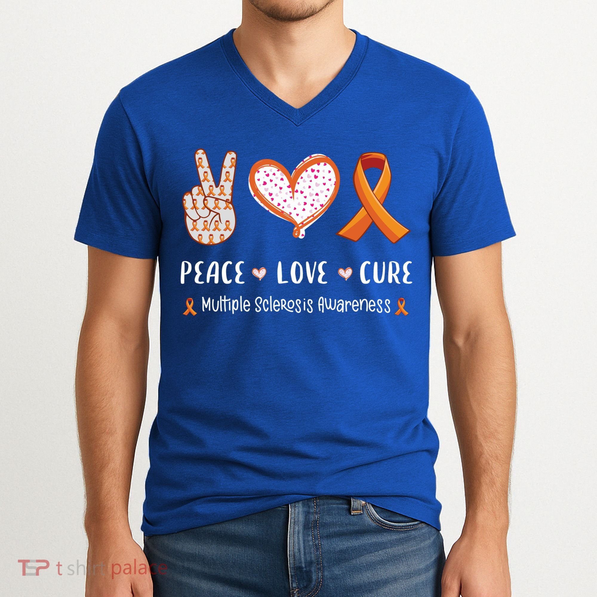 Peace Love Cure Multiple Sclerosis Awareness Gift V-Neck T-Shirt
