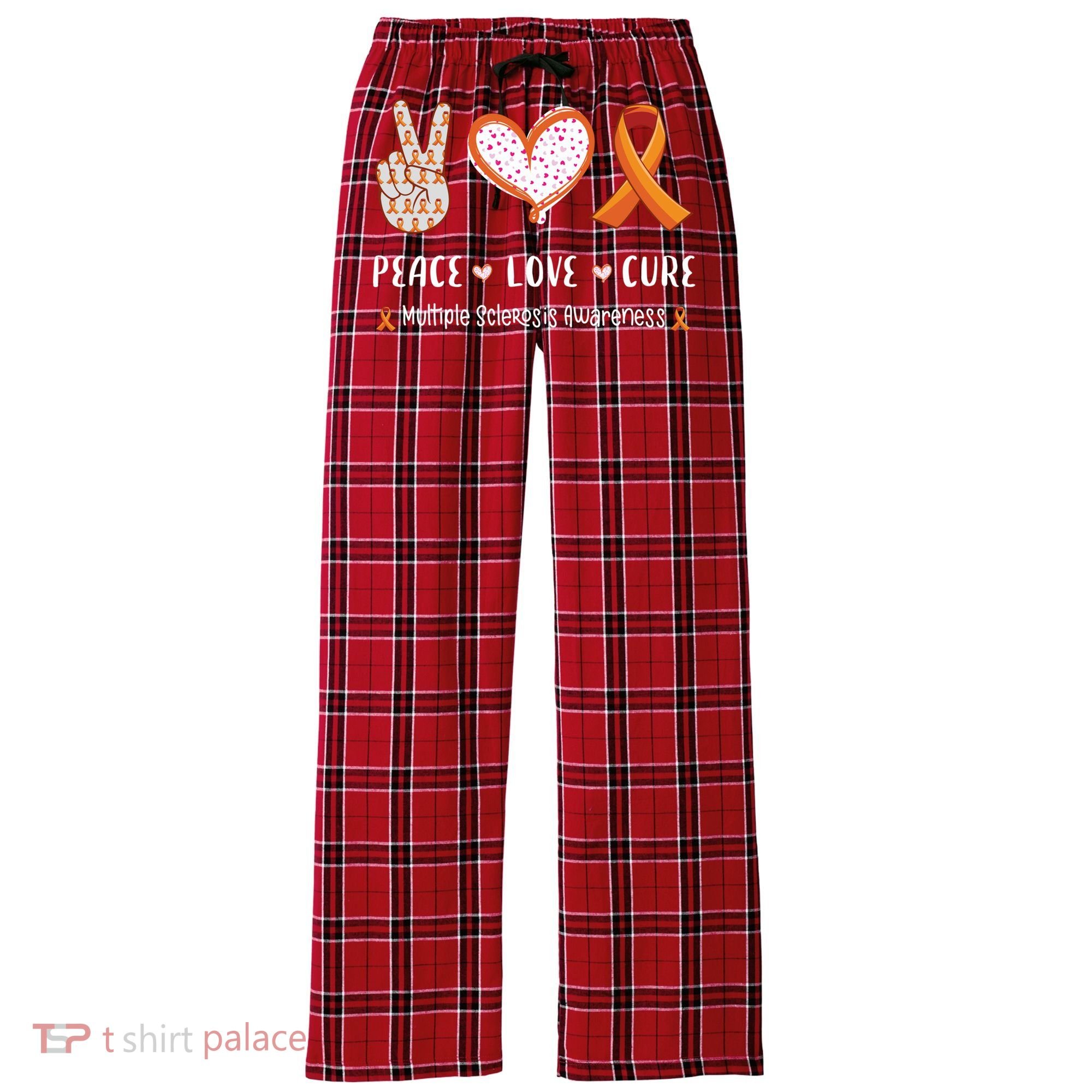 Peace Love Cure Multiple Sclerosis Awareness Gift Women's Flannel Plaid Pajama Pants