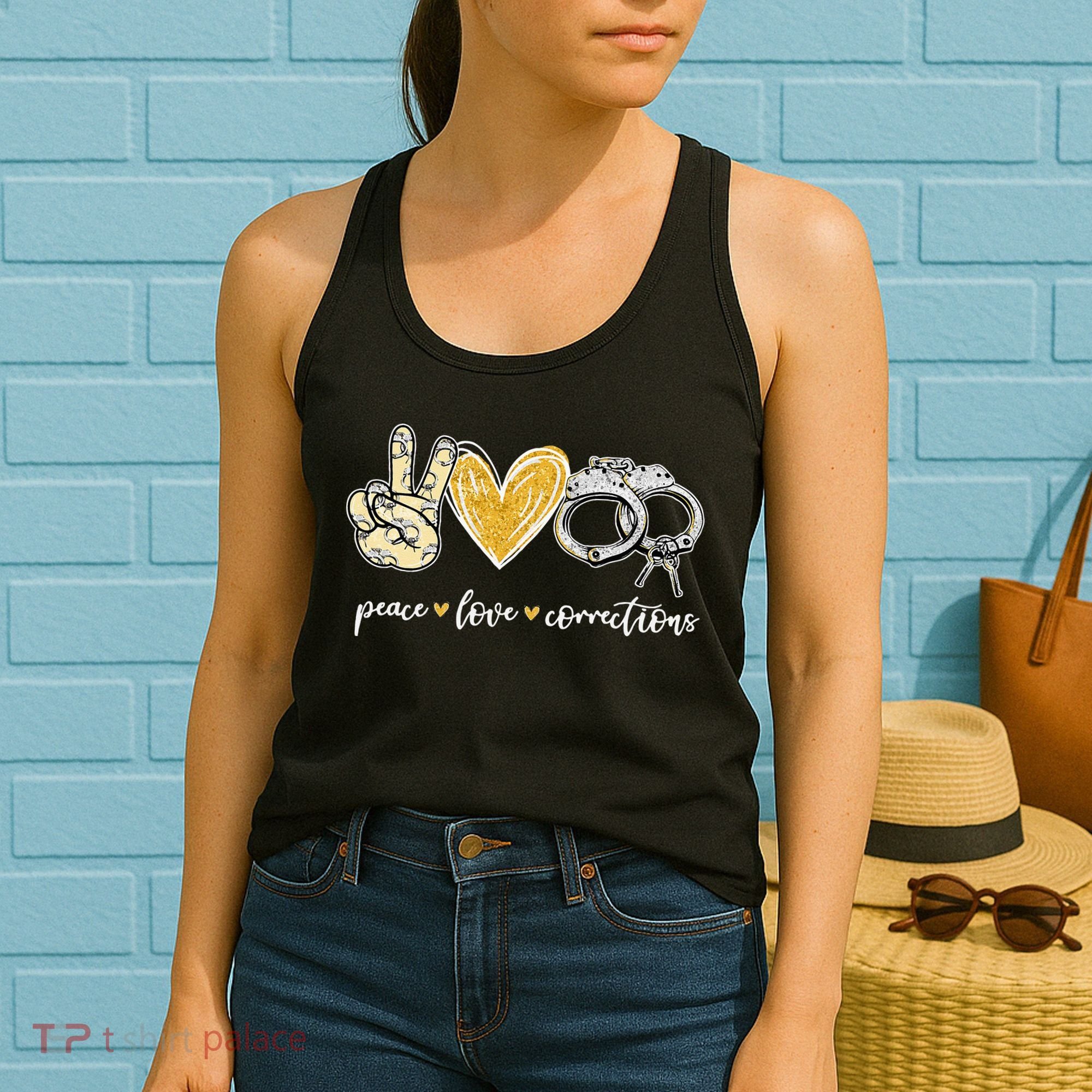 Peace Love Corrections Handcuff Funny Police Officer Gifts Women's Tank Top