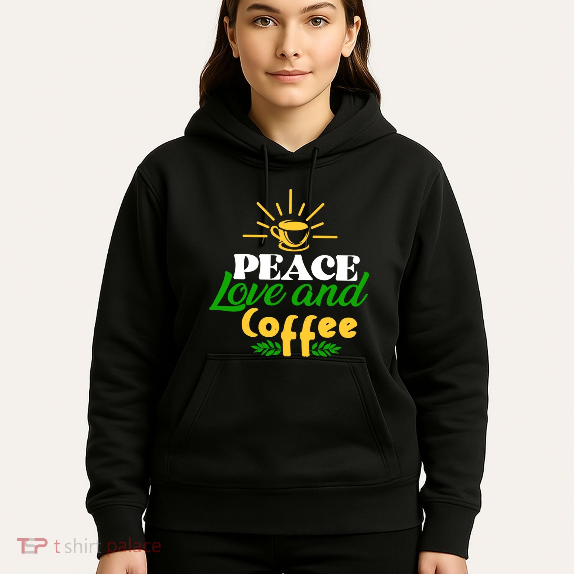 Peace Love & Coffee Motif Hoodie