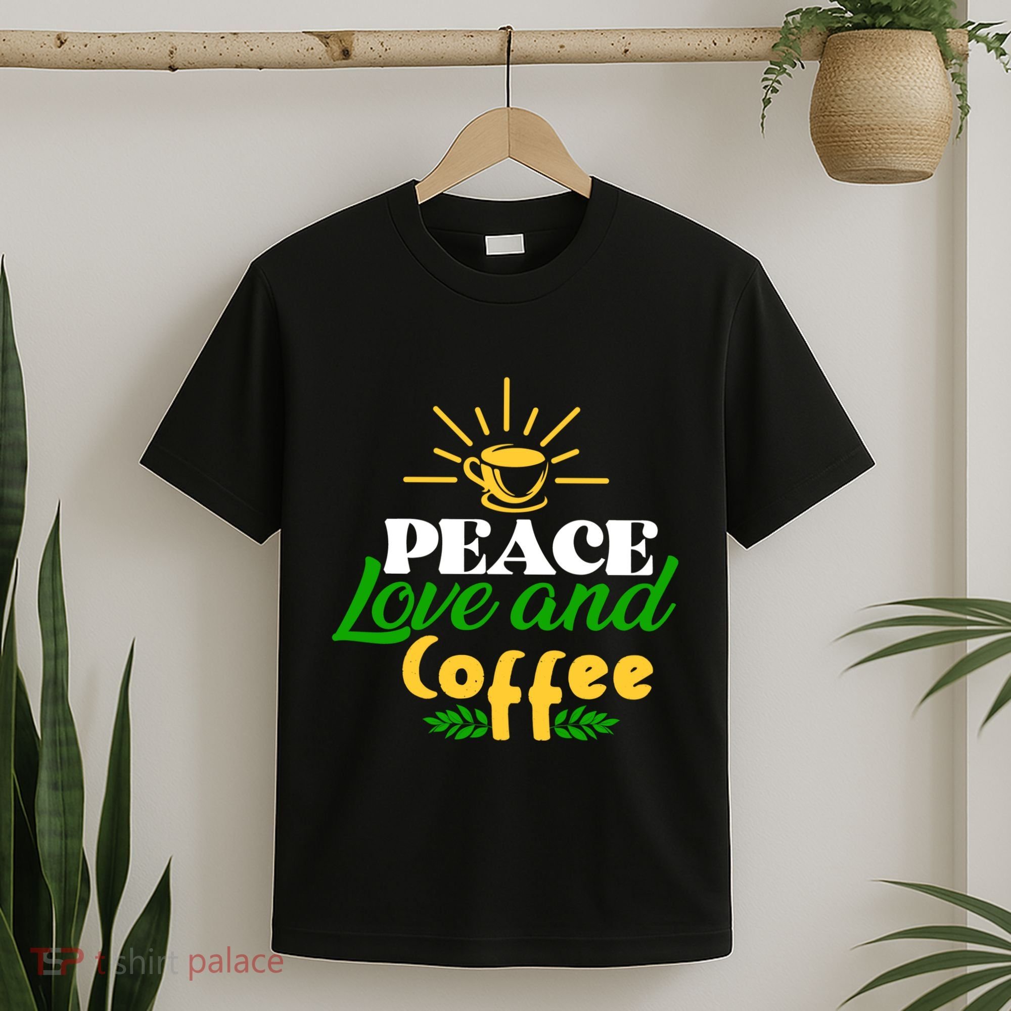 Peace Love & Coffee Motif T-Shirt