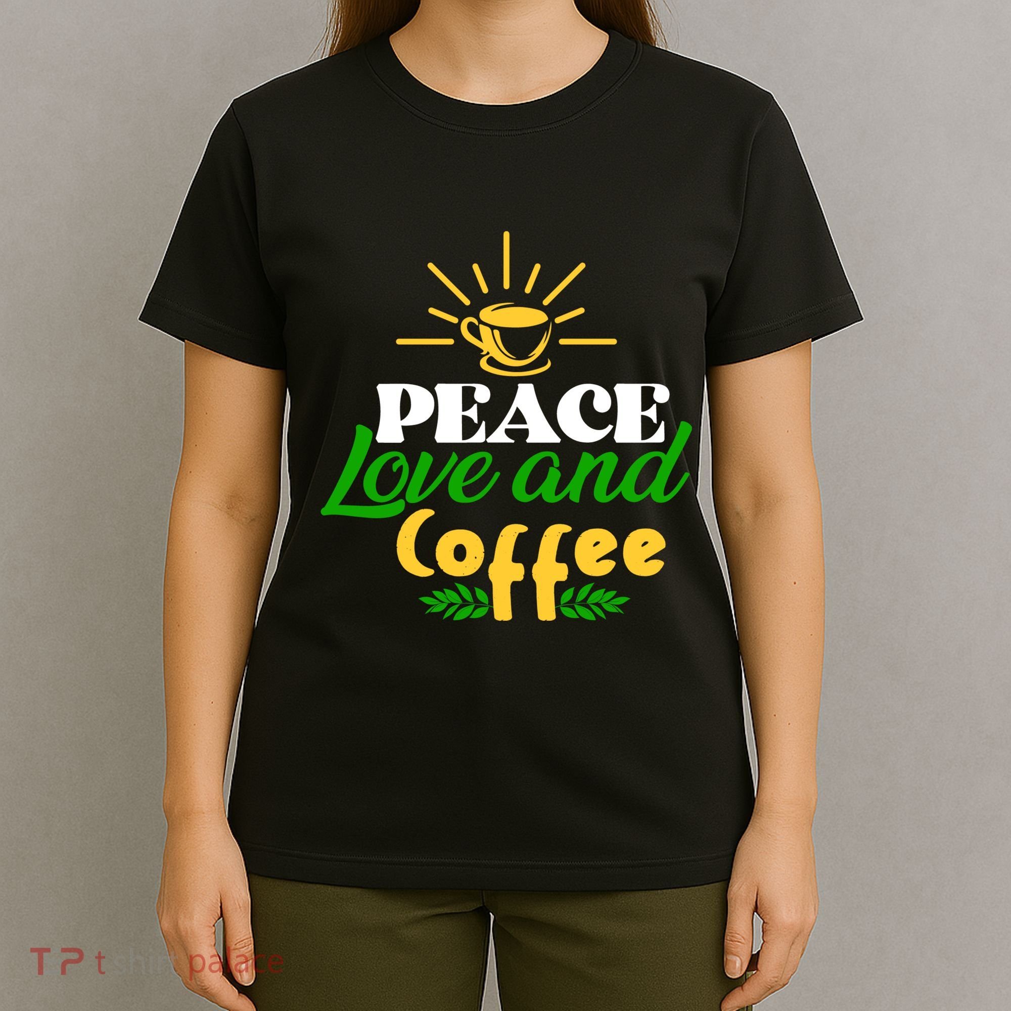 Peace Love & Coffee Motif T-Shirt