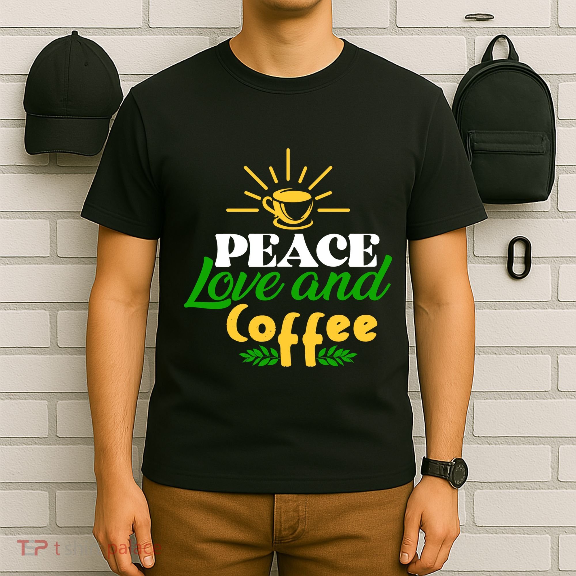 Peace Love & Coffee Motif T-Shirt