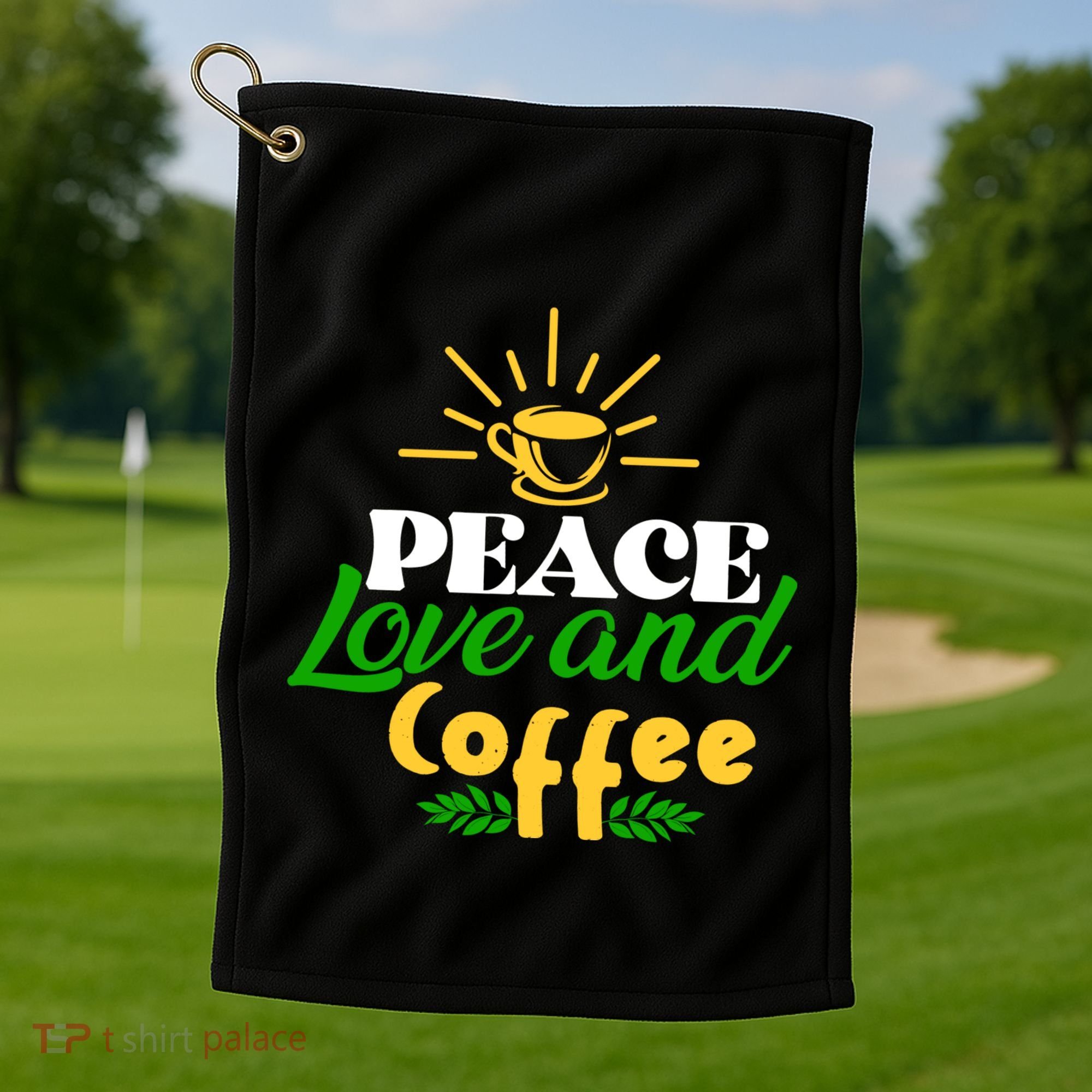 Peace Love & Coffee Motif Golf Towel
