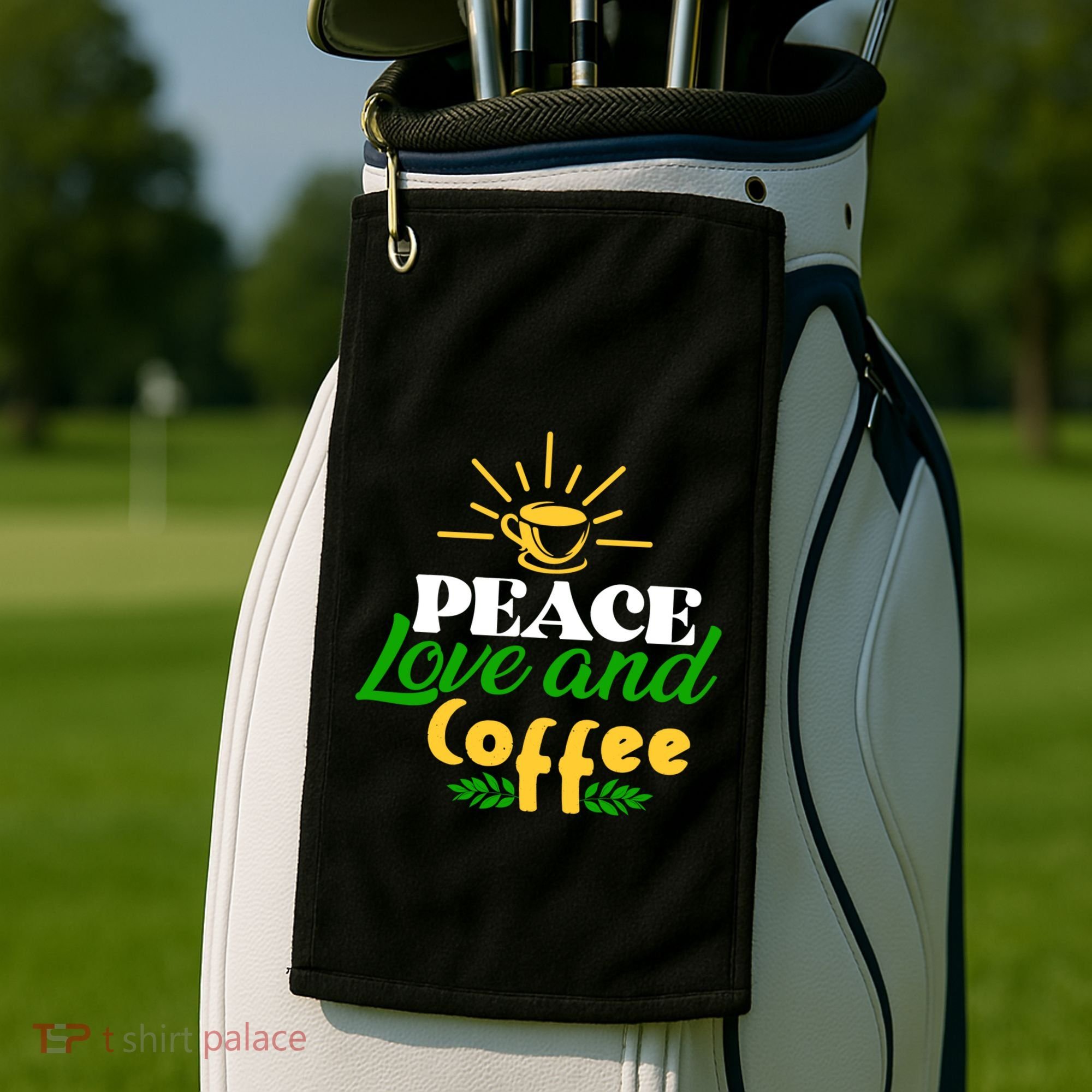 Peace Love & Coffee Motif Golf Towel