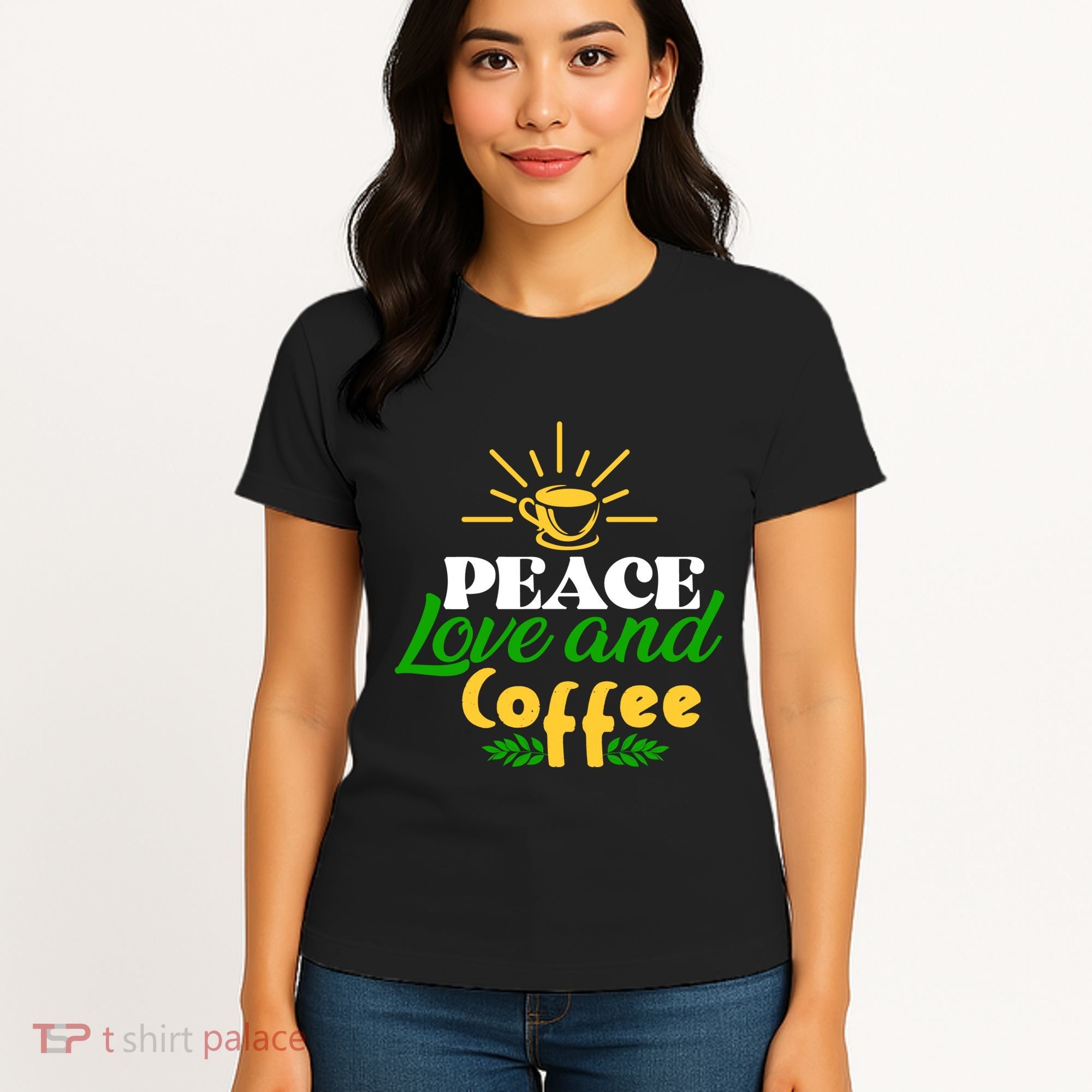 Peace Love & Coffee Motif Women's T-Shirt