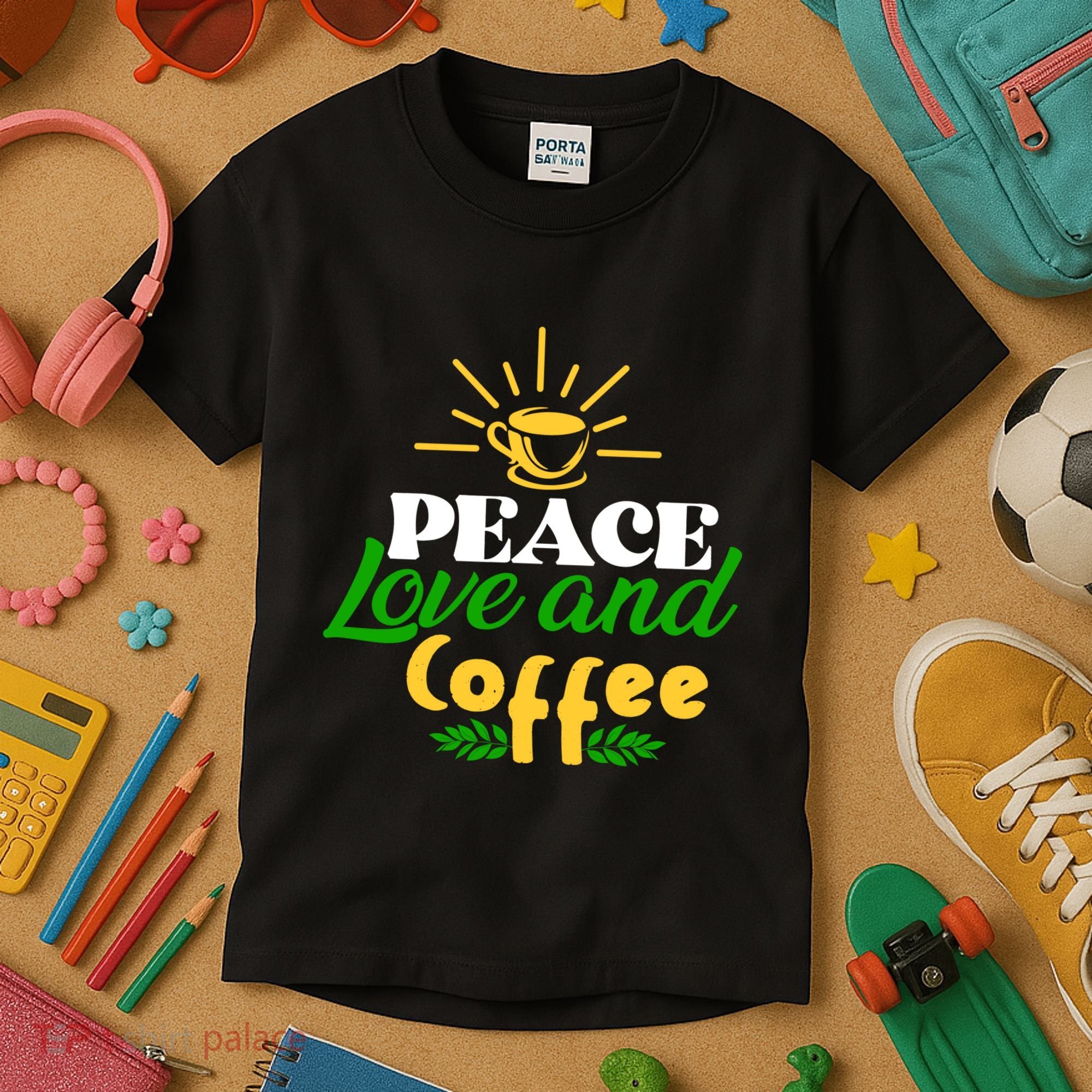 Peace Love & Coffee Motif Kids T-Shirt